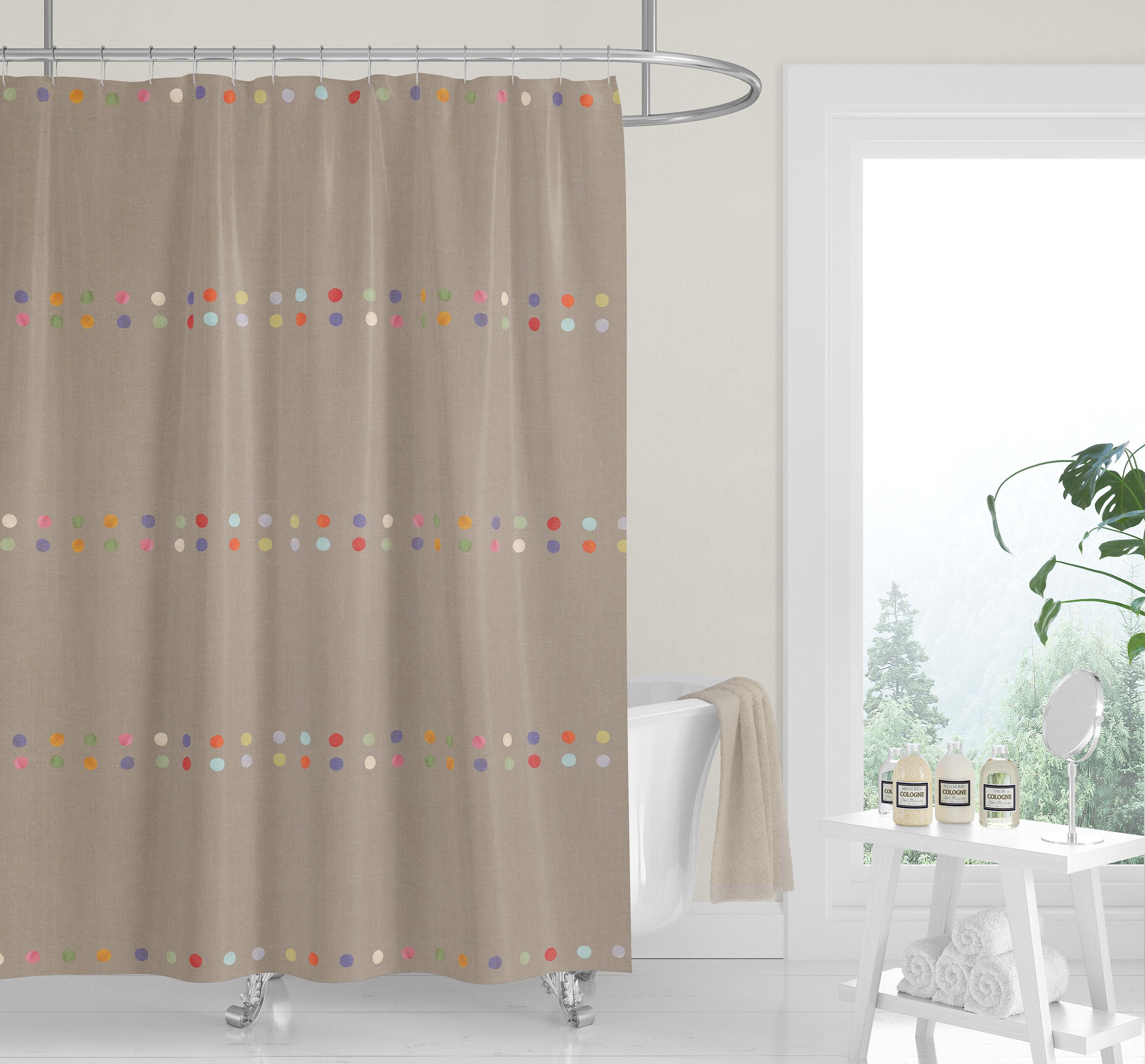 White Boho Dots Shower Curtain / Neutral Tan Fabric Bath Curtain / Minimalist Design - Image 3