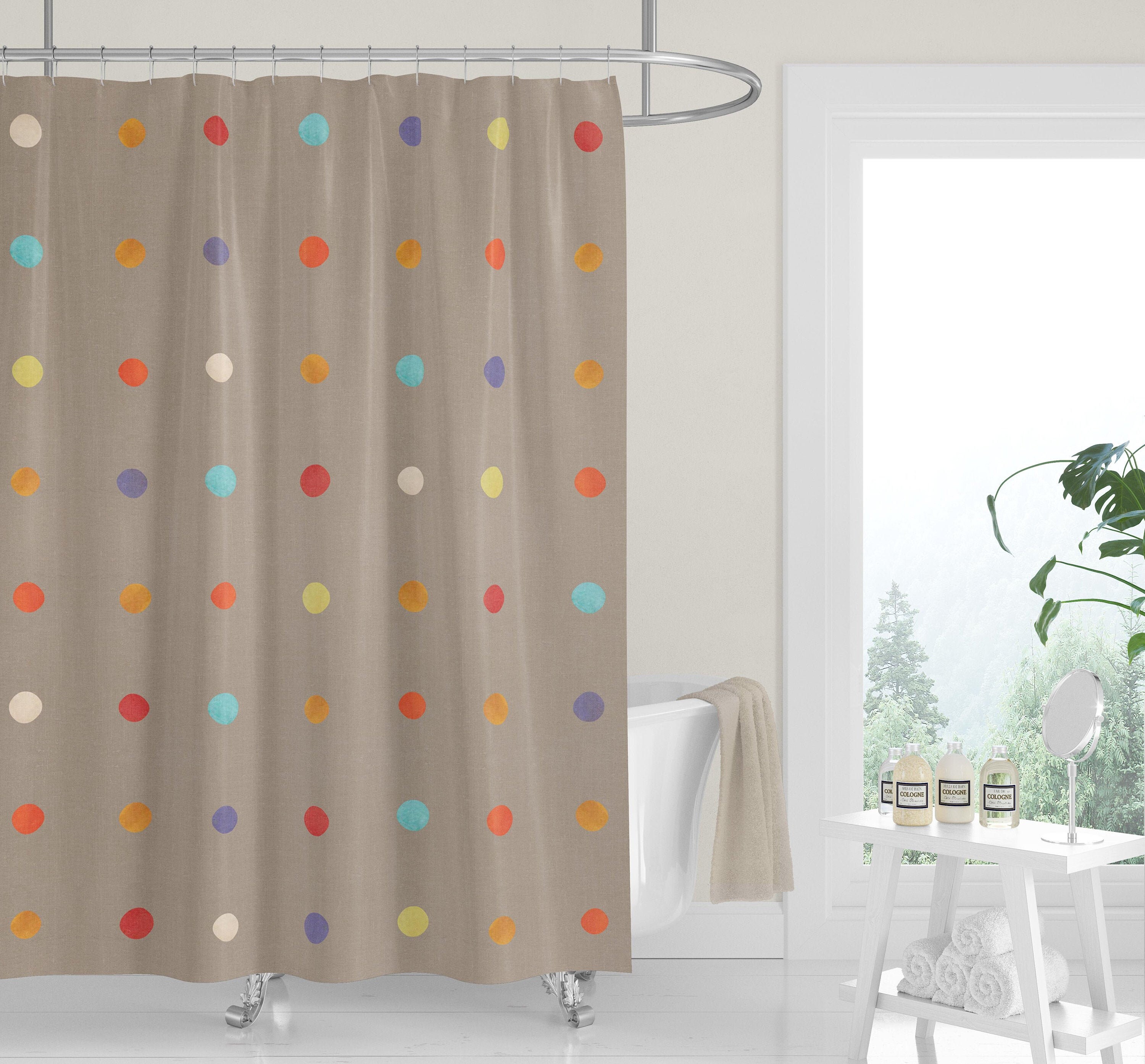 White Boho Dots Shower Curtain / Neutral Tan Fabric Bath Curtain / Minimalist Design - Image 4