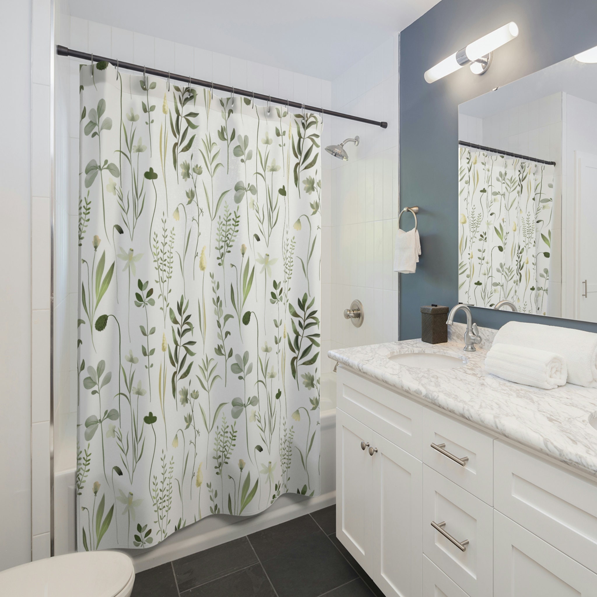 White Botanical Shower Curtain for a Cute Farmhouse Bathroom
