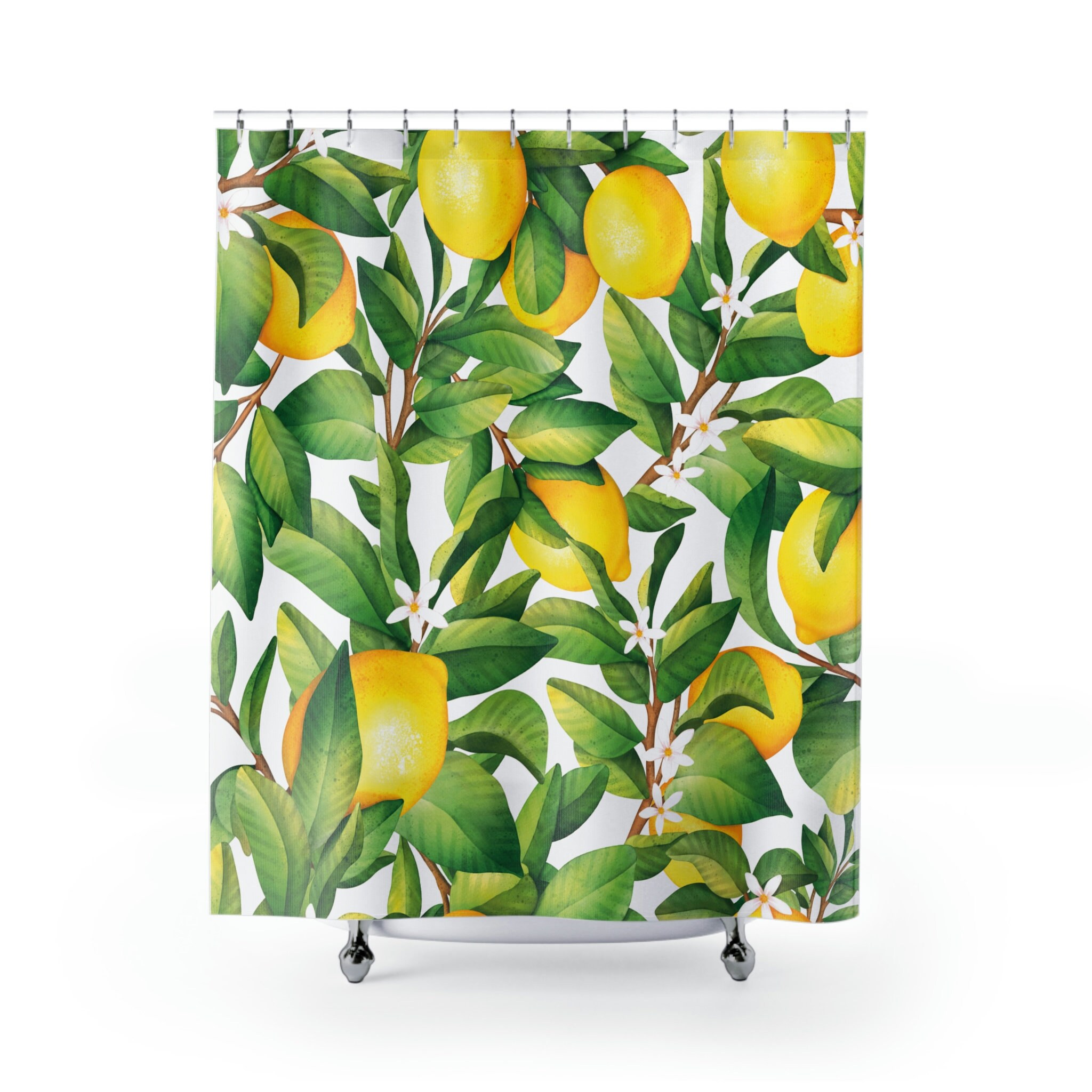 White Floral Citrus Shower Curtain | Lemons and Flowers Pattern | Floral Bathroom Decor Gift for Home - Image 2