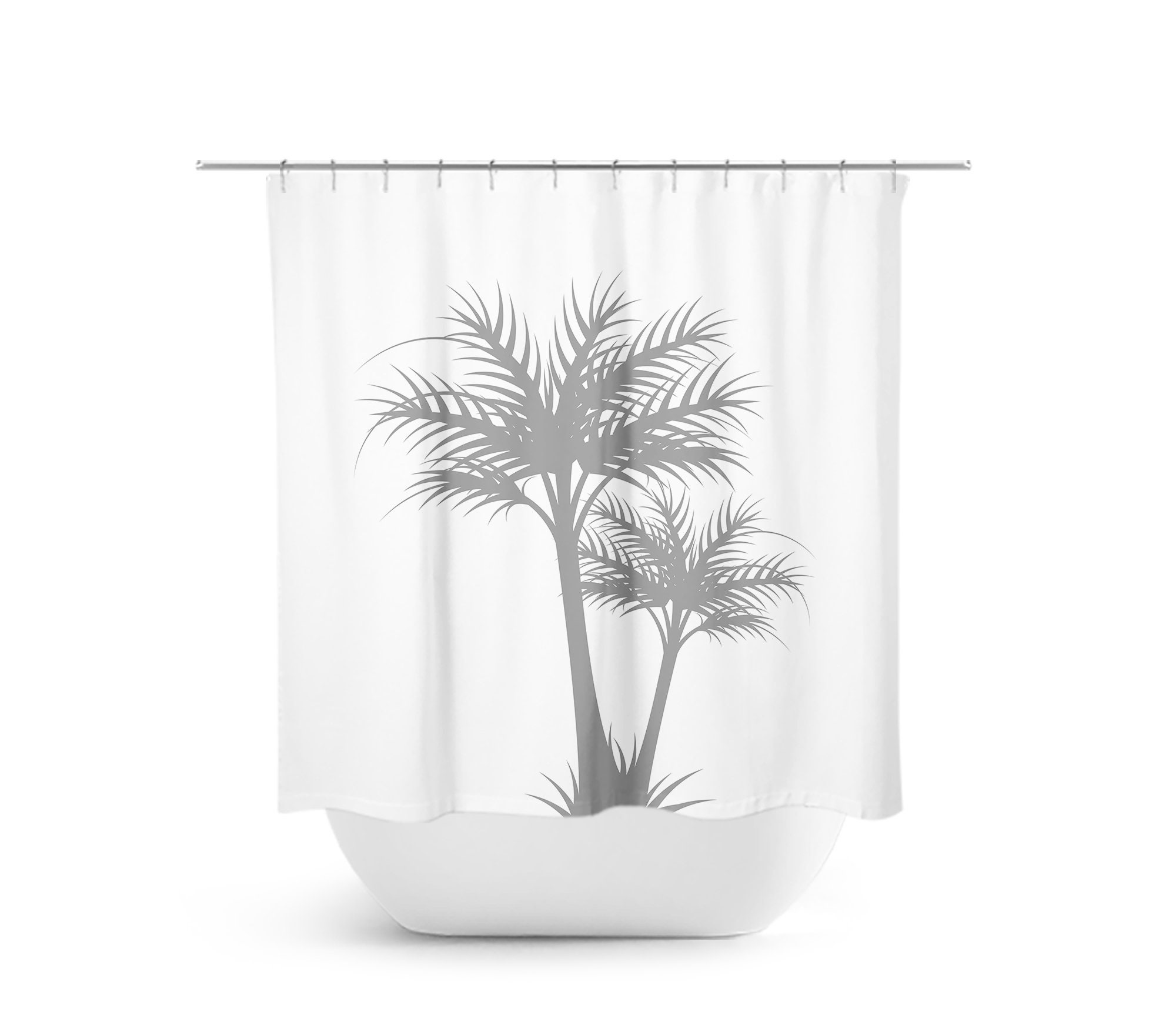 White Gray Palm Tree Shower Curtain, Coastal Bathroom Decor for Beach House, Guest Bathroom - SHOWER94