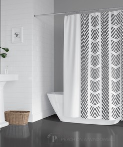 White Herringbone Shower Curtain, Minimalist Bath Decor, Chic Bathroom Style