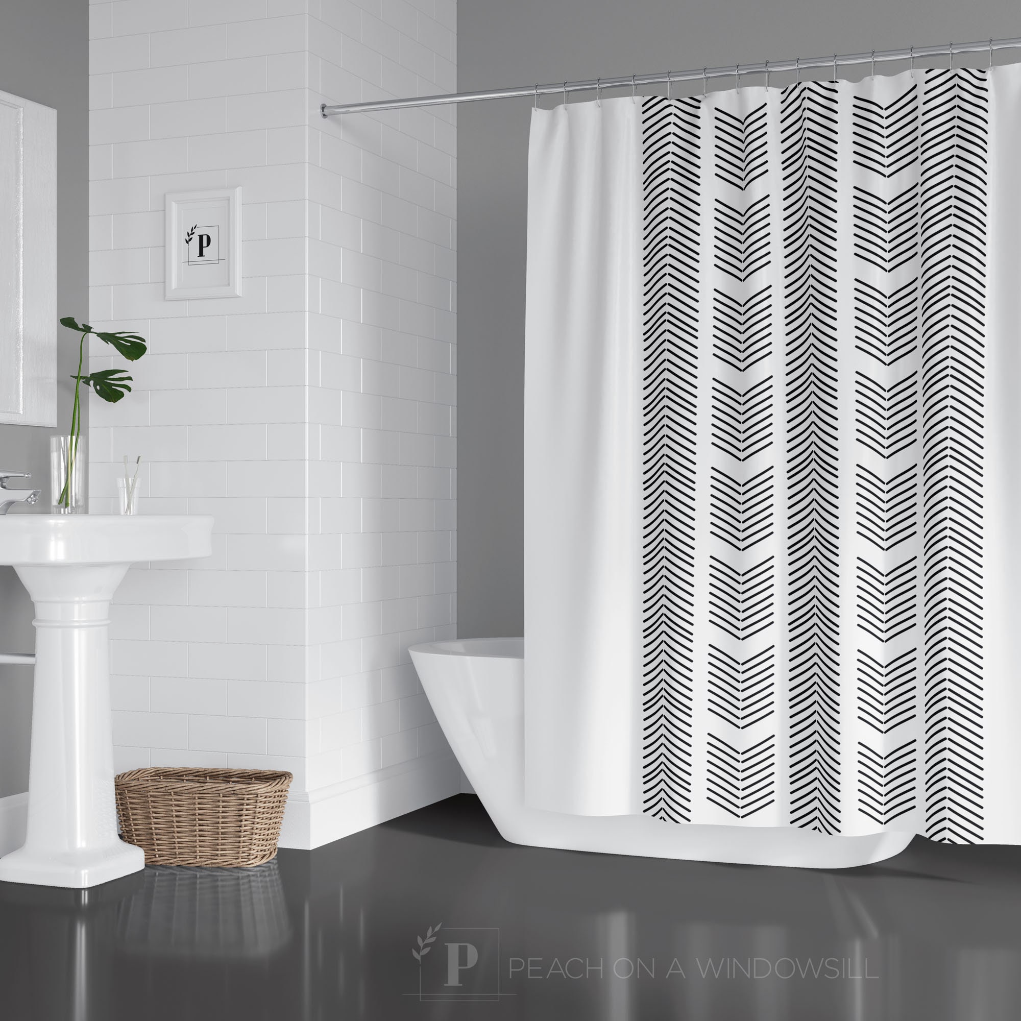 White Herringbone Shower Curtain, Minimalist Bath Decor, Chic Bathroom Style
