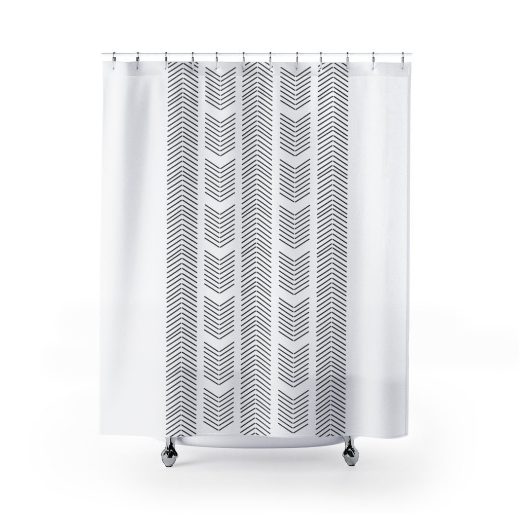 White Herringbone Shower Curtain, Minimalist Bath Decor, Chic Bathroom Style - Image 2