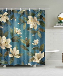 White Magnolia Shower Curtain | Blue Floral Fabric Bathroom Curtain | Home Bathroom Decor Accessories