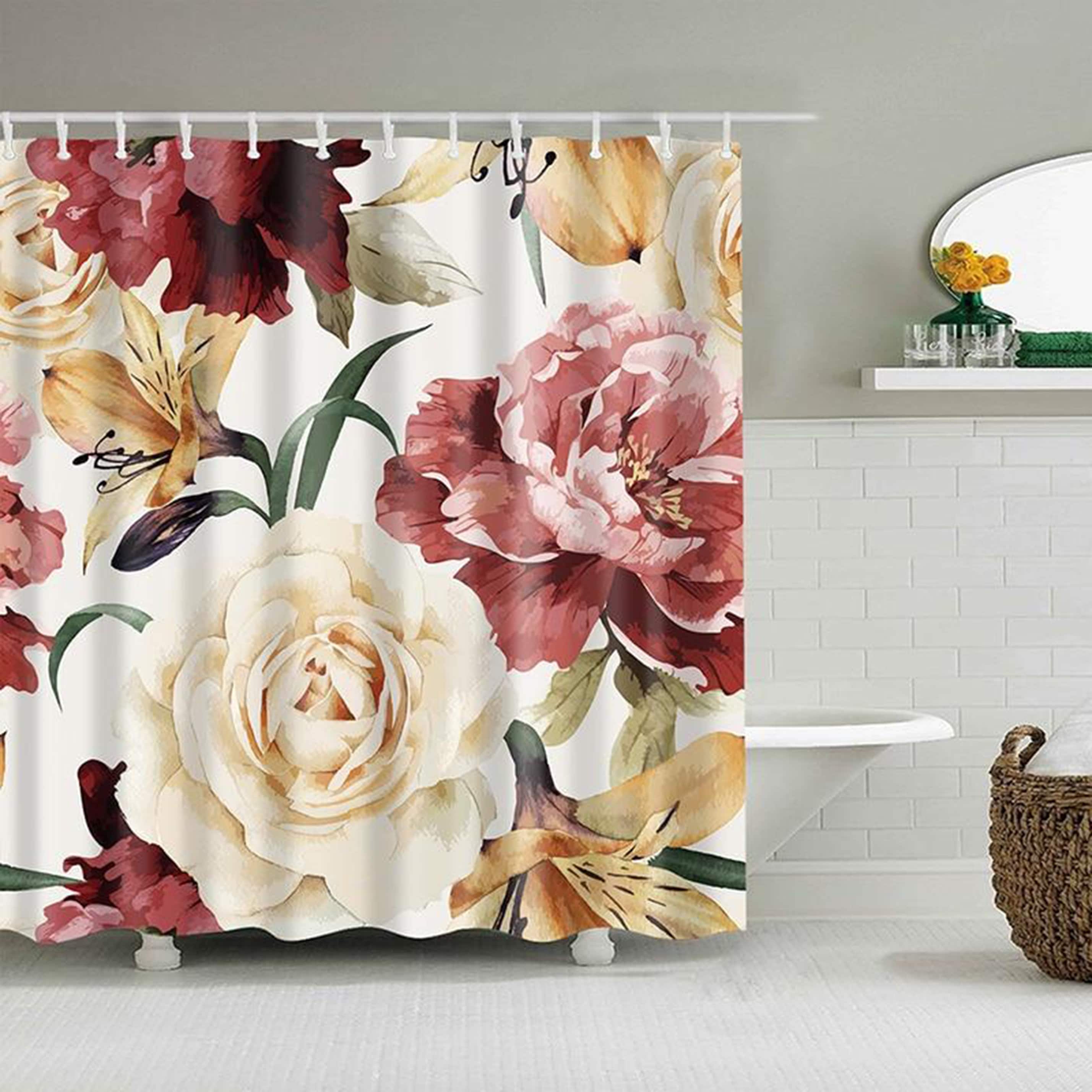 White Peony and Roses Shower Curtain | Floral Fabric Bathroom Curtain | Home Bathroom Decor