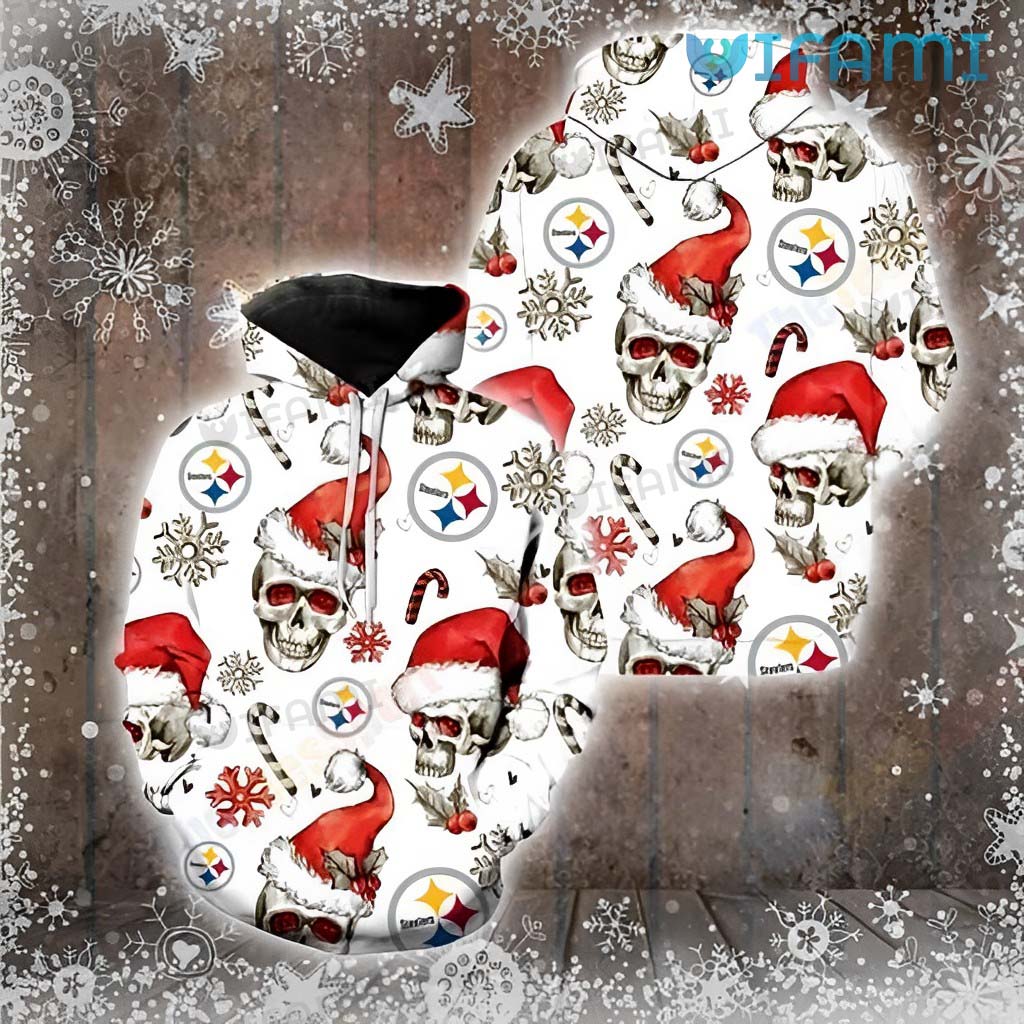 White Pittsburgh Steelers Santa Hat All Over Print 3D Hoodie with Skull