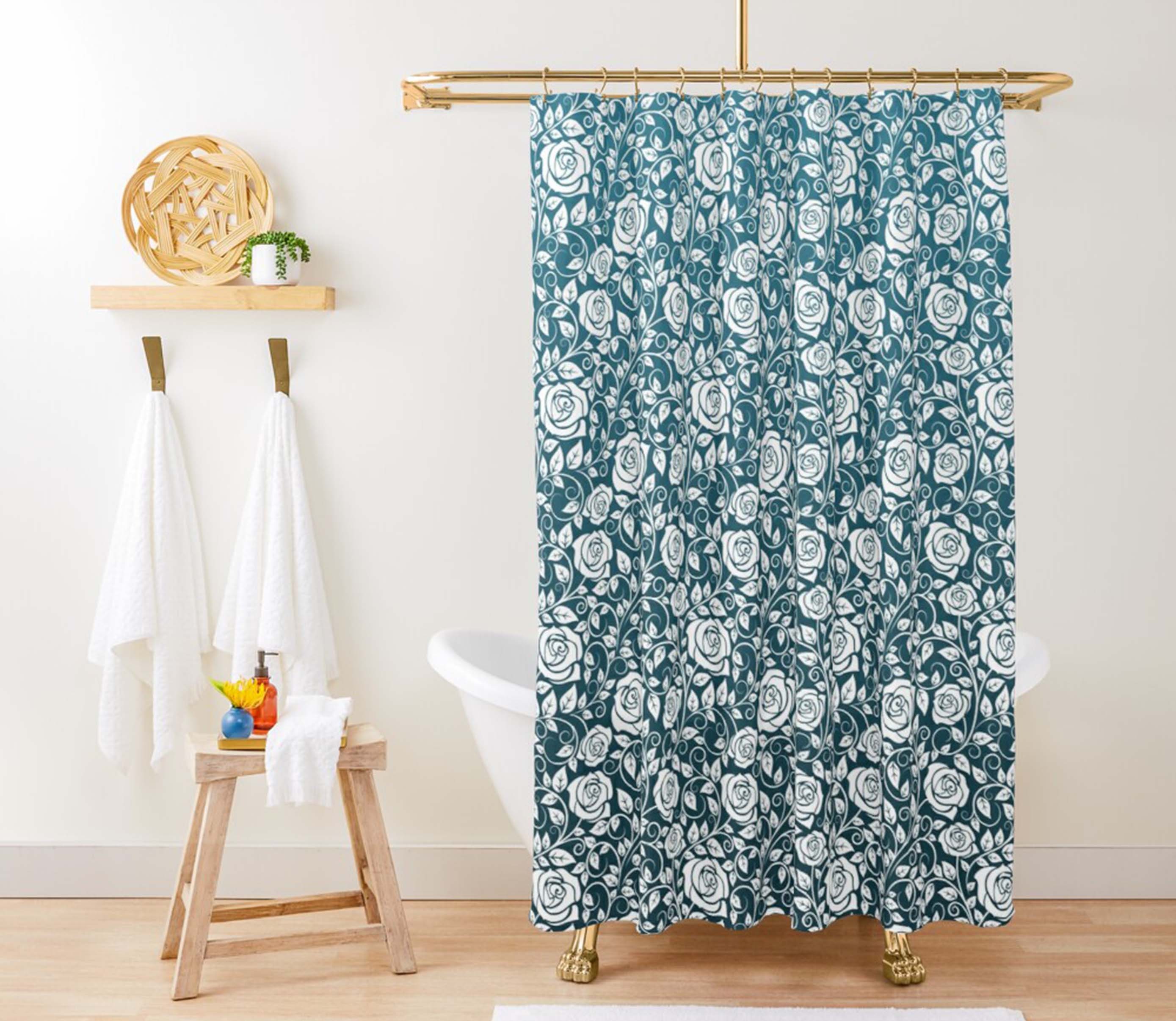 White Roses Shower Curtain | Floral Pattern Bathroom Curtain Set | Home Bathroom Decor