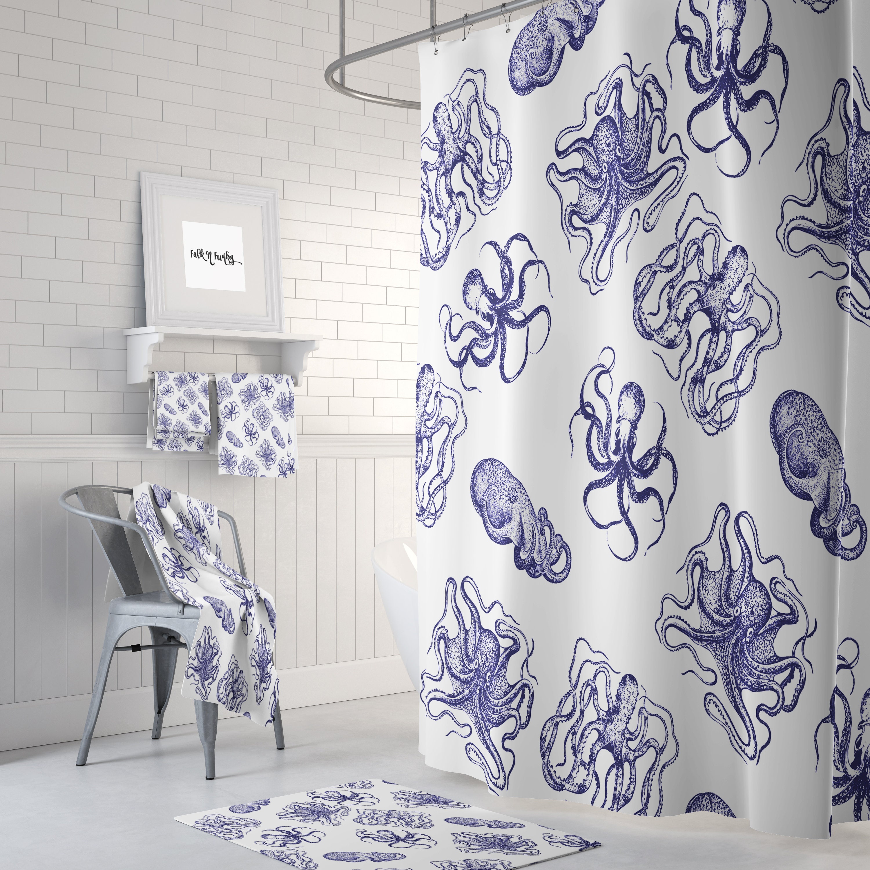White and Blue Octopus Shower Curtain Set with Oceanic Bath Decor