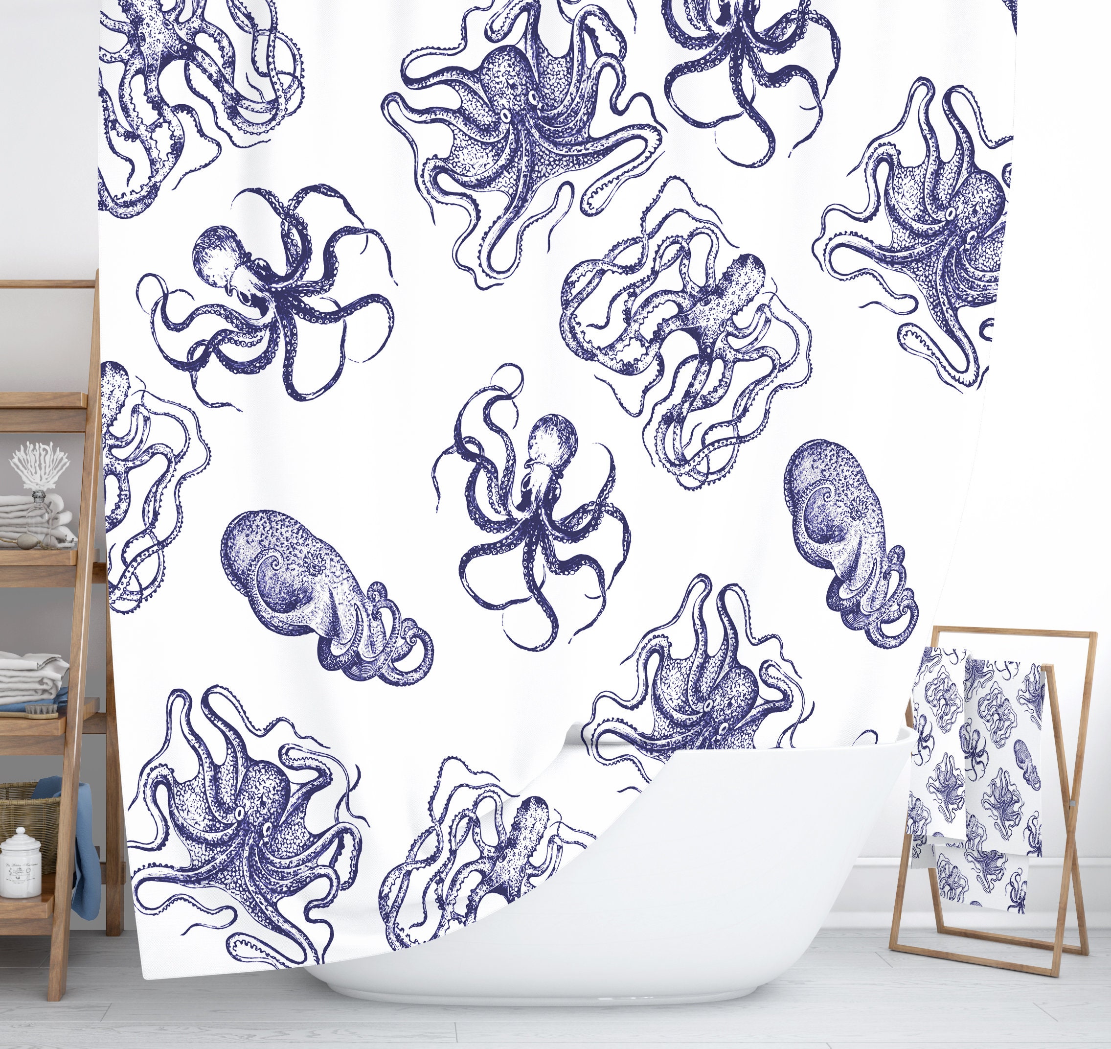 White and Blue Octopus Shower Curtain Set with Oceanic Bath Decor - Image 2