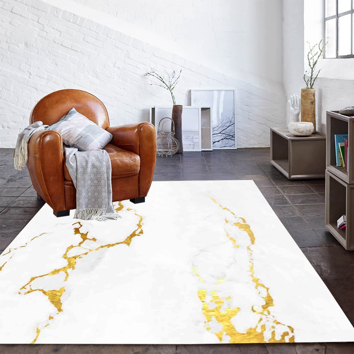 White and Gold Marble Pattern Area Rug with 70s Style for Modern Living Room or Bedroom - Image 2