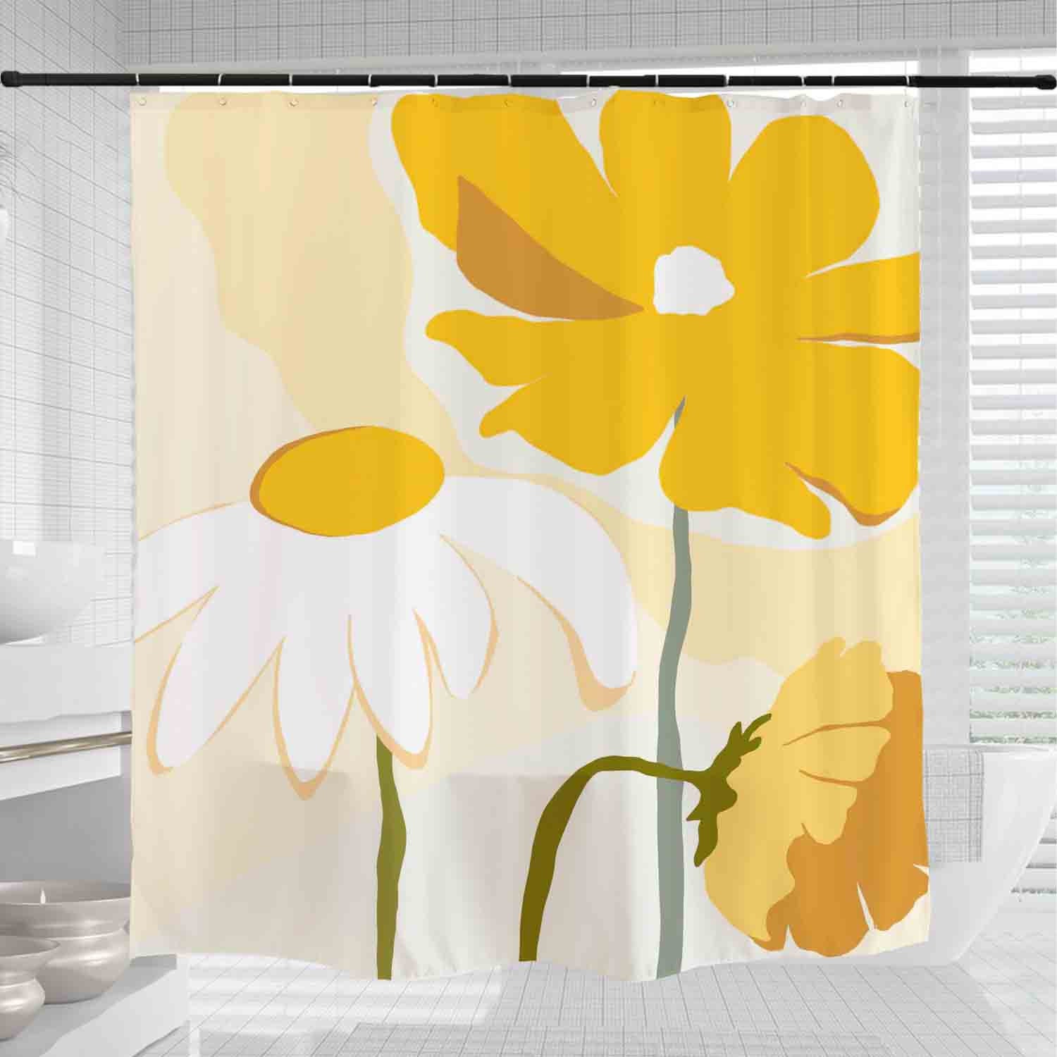 White and Yellow Daisy Shower Curtain, Art Flora Extra Thick Curtains with Hooks, Waterproof and Washable - Image 2
