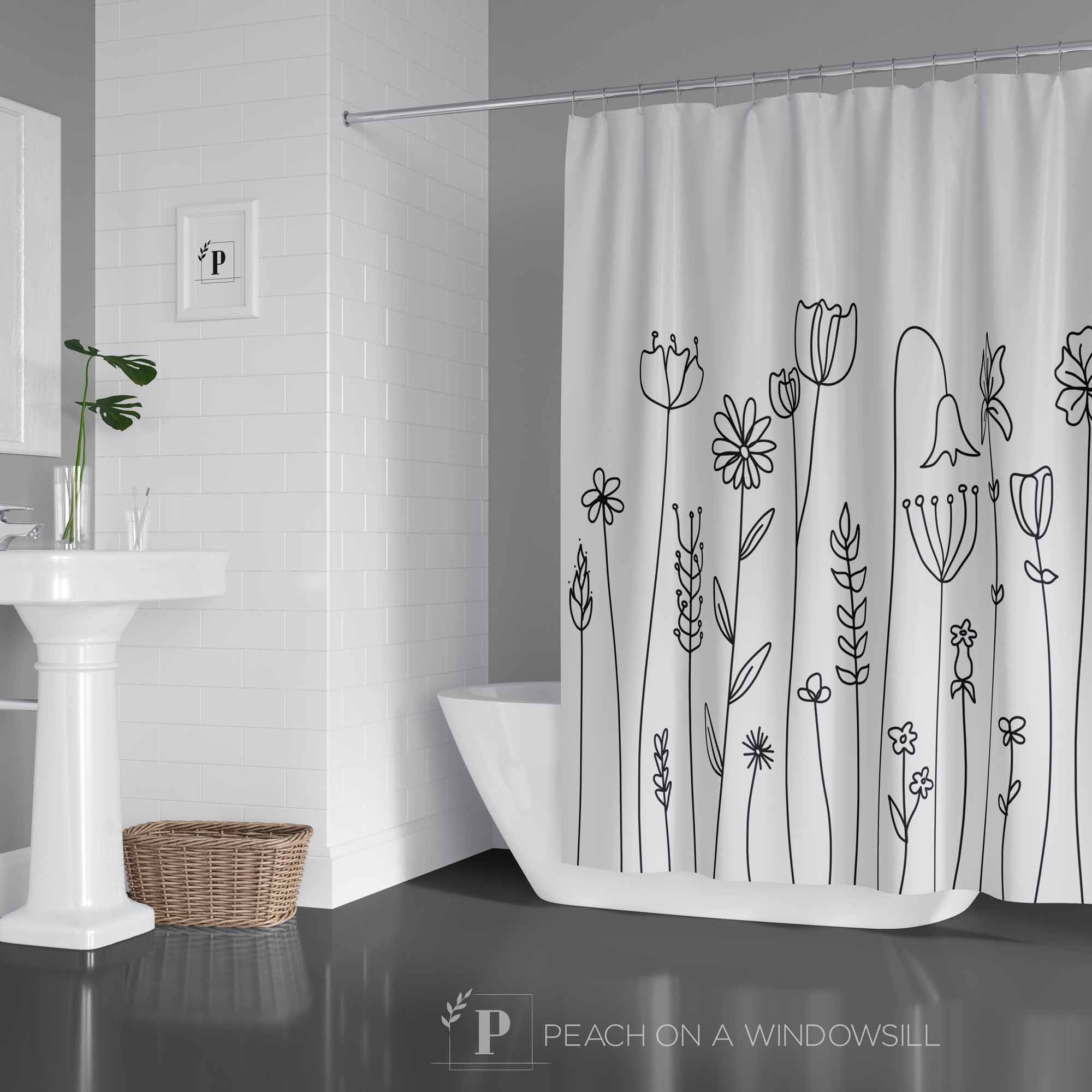 Wildflowers Shower Curtain, Botanical Flowers Bath Curtain with Bohemian Black and White Design