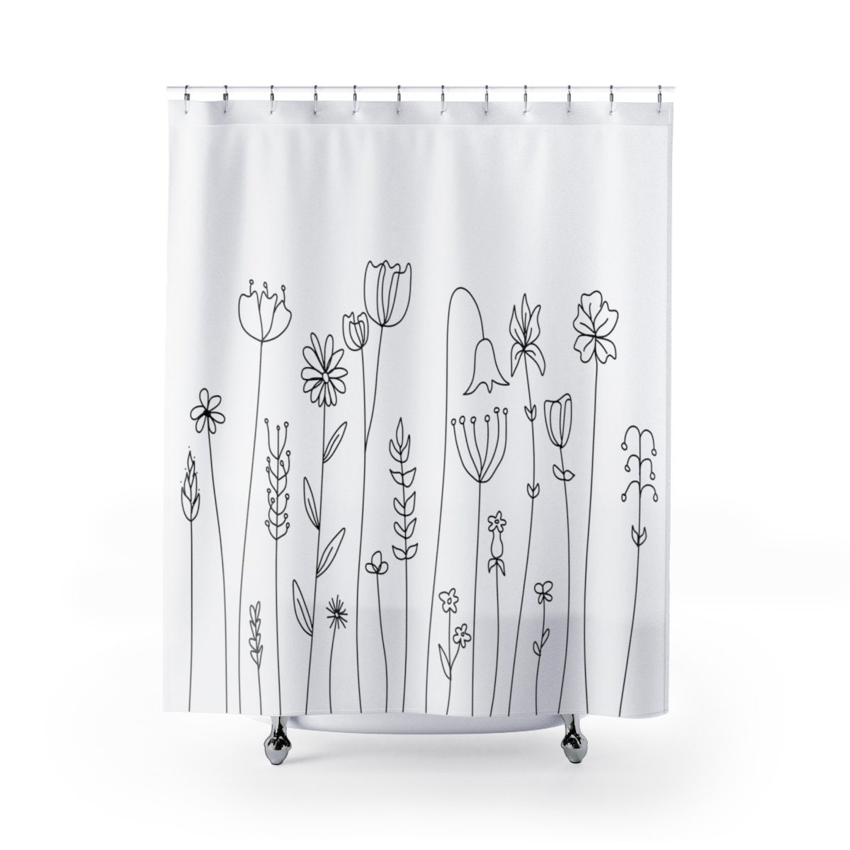 Wildflowers Shower Curtain, Botanical Flowers Bath Curtain with Bohemian Black and White Design - Image 3