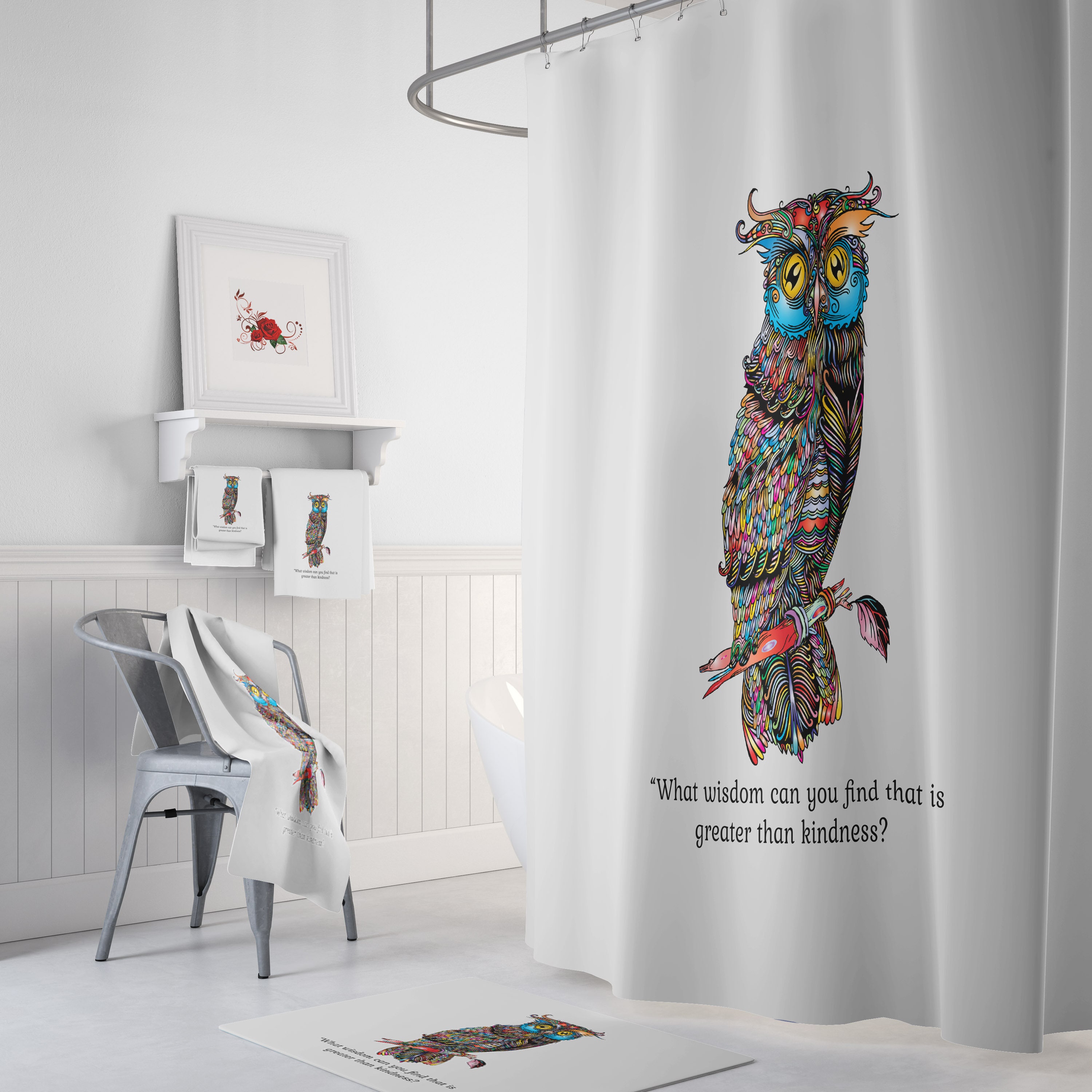 Wise Owl Kindness Shower Curtain with Optional Accessories or Set