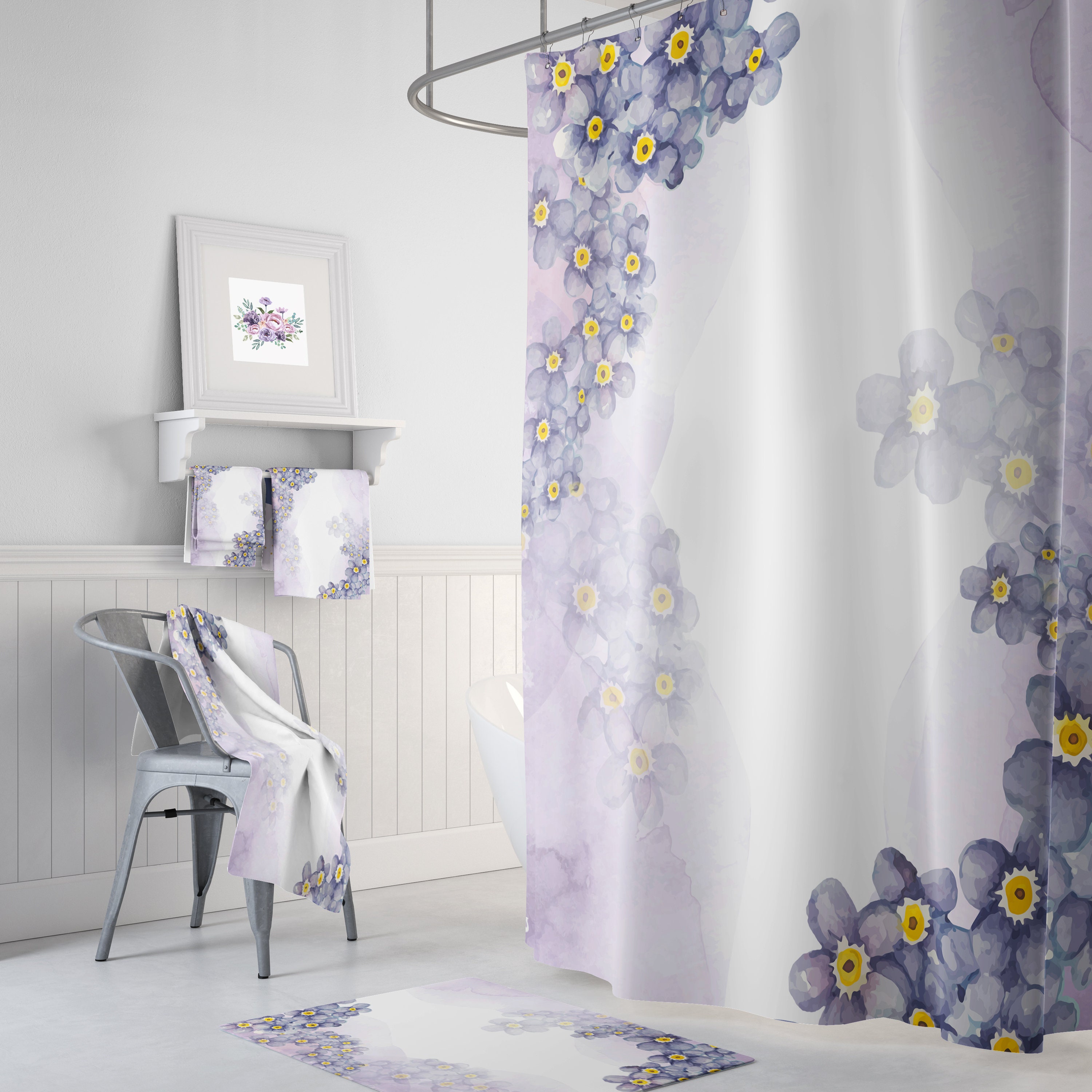 Wispy Purple Floral Shower Curtain - Dreamy Bath Curtain with Optional Bath Set for Cozy Bathroom Decor