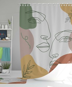 Woman Man Boho Shower Curtain, Bohemian Minimalist Face Portrait Line Drawing Shower Curtains Decorative