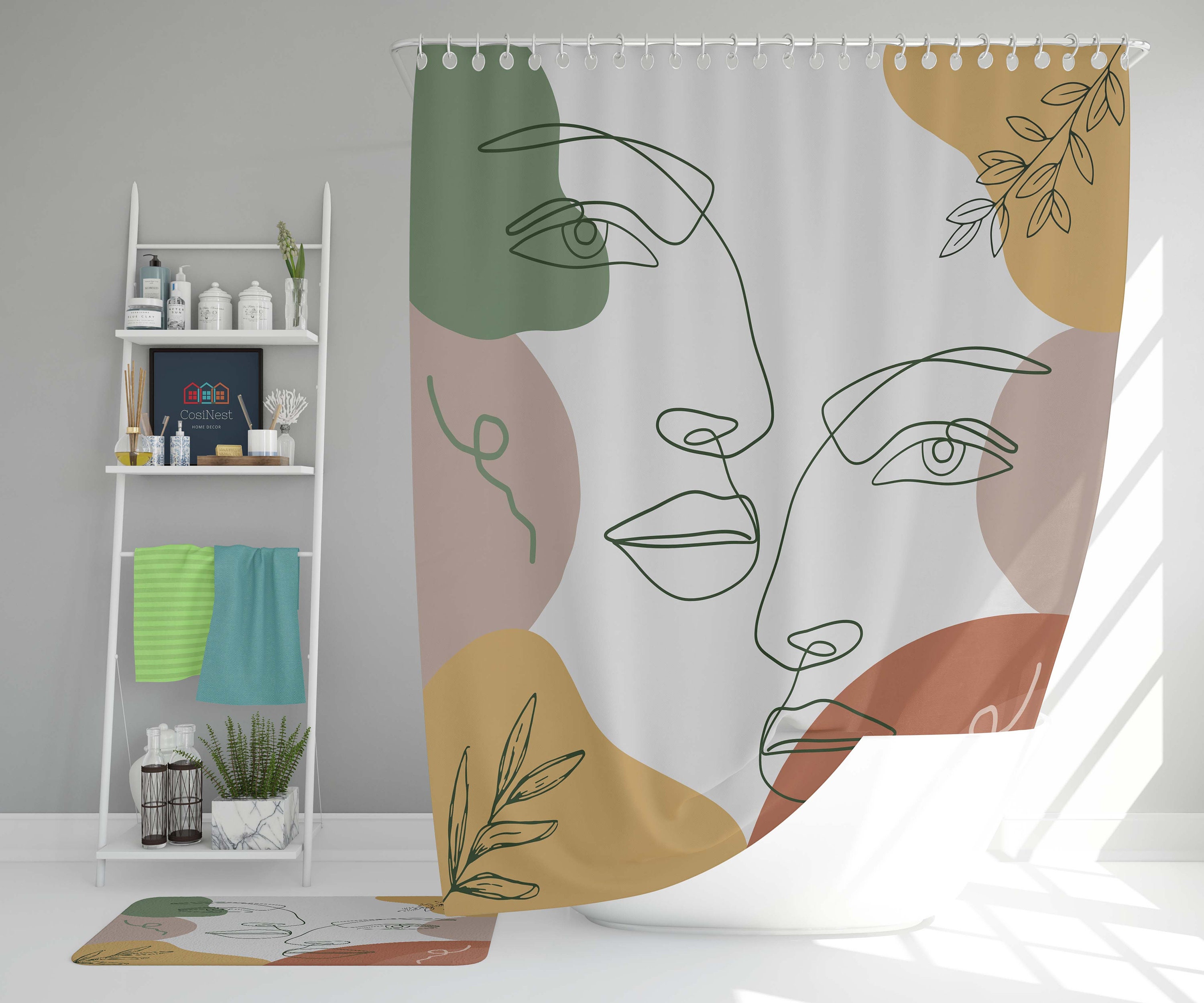 Woman Man Boho Shower Curtain, Bohemian Minimalist Face Portrait Line Drawing Shower Curtains Decorative