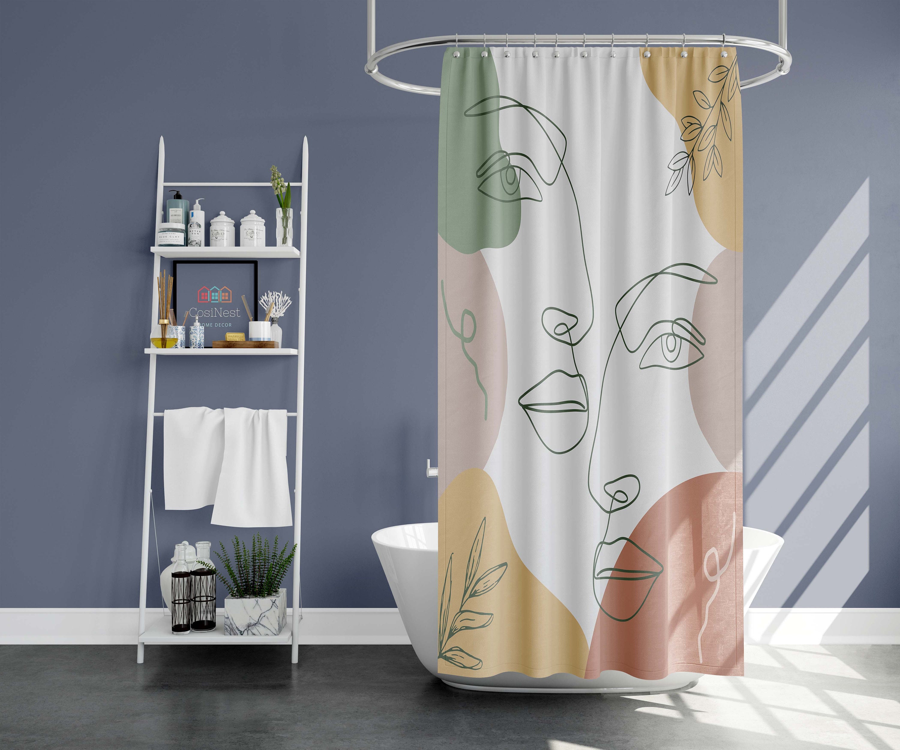 Woman Man Boho Shower Curtain, Bohemian Minimalist Face Portrait Line Drawing Shower Curtains Decorative - Image 2
