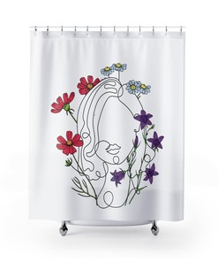 Woman in Flowers Line Art Shower Curtain, Lady Face with Red and Purple Flowers, Minimalist Vintage Design