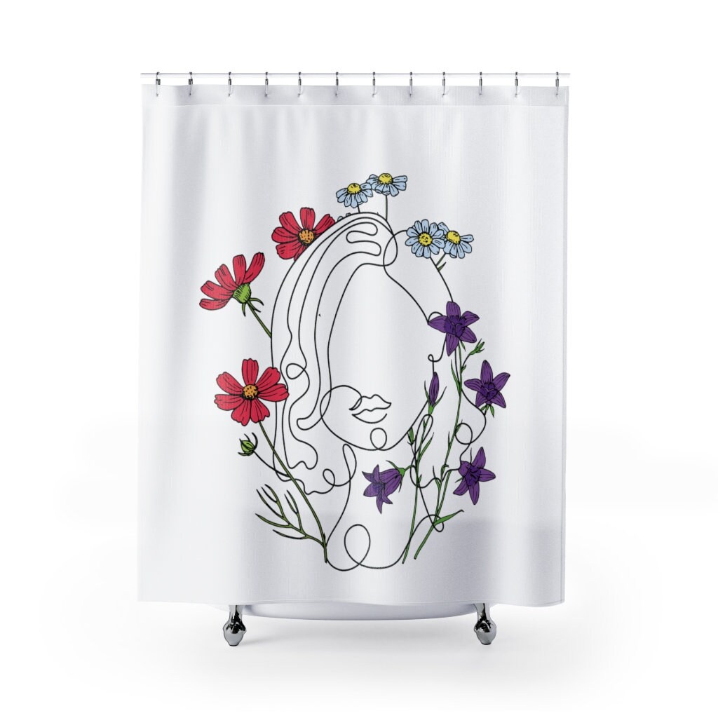 Woman in Flowers Line Art Shower Curtain, Lady Face with Red and Purple Flowers, Minimalist Vintage Design
