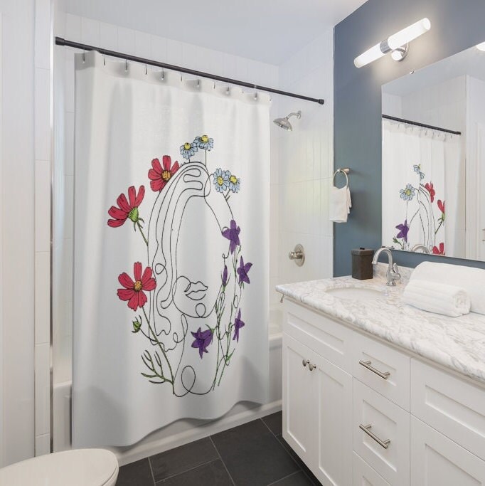 Woman in Flowers Line Art Shower Curtain, Lady Face with Red and Purple Flowers, Minimalist Vintage Design - Image 2