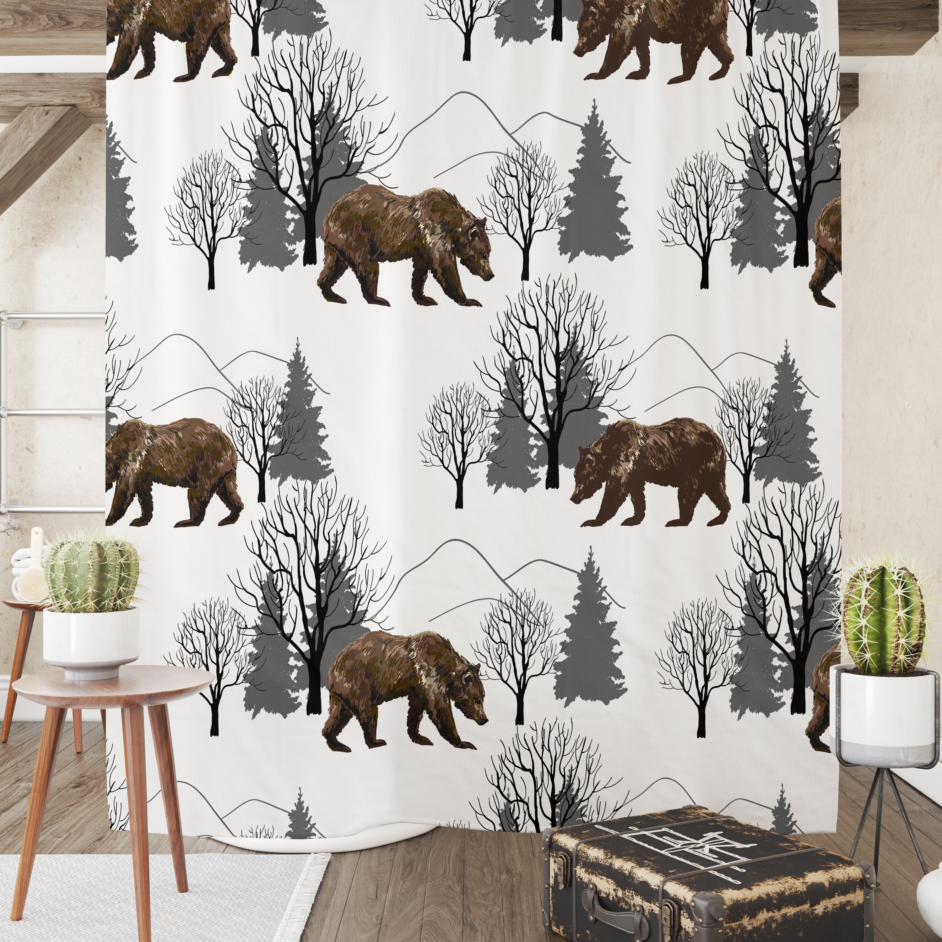 Woodland Bears and Pine Trees Shower Curtain with Matching Towels
