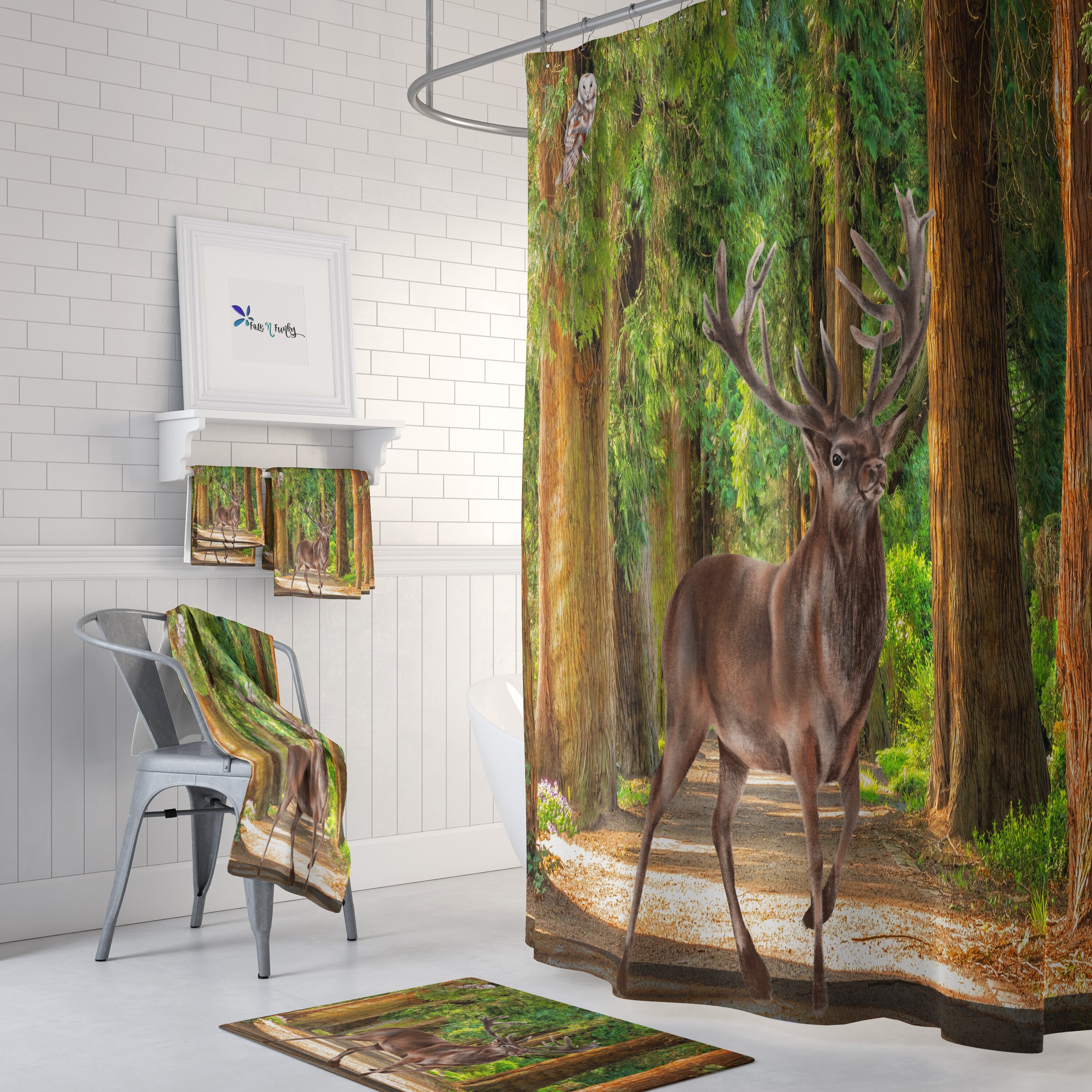 Woodland Deer Forest Shower Curtain Set with Lodge Cabin Bath Decor