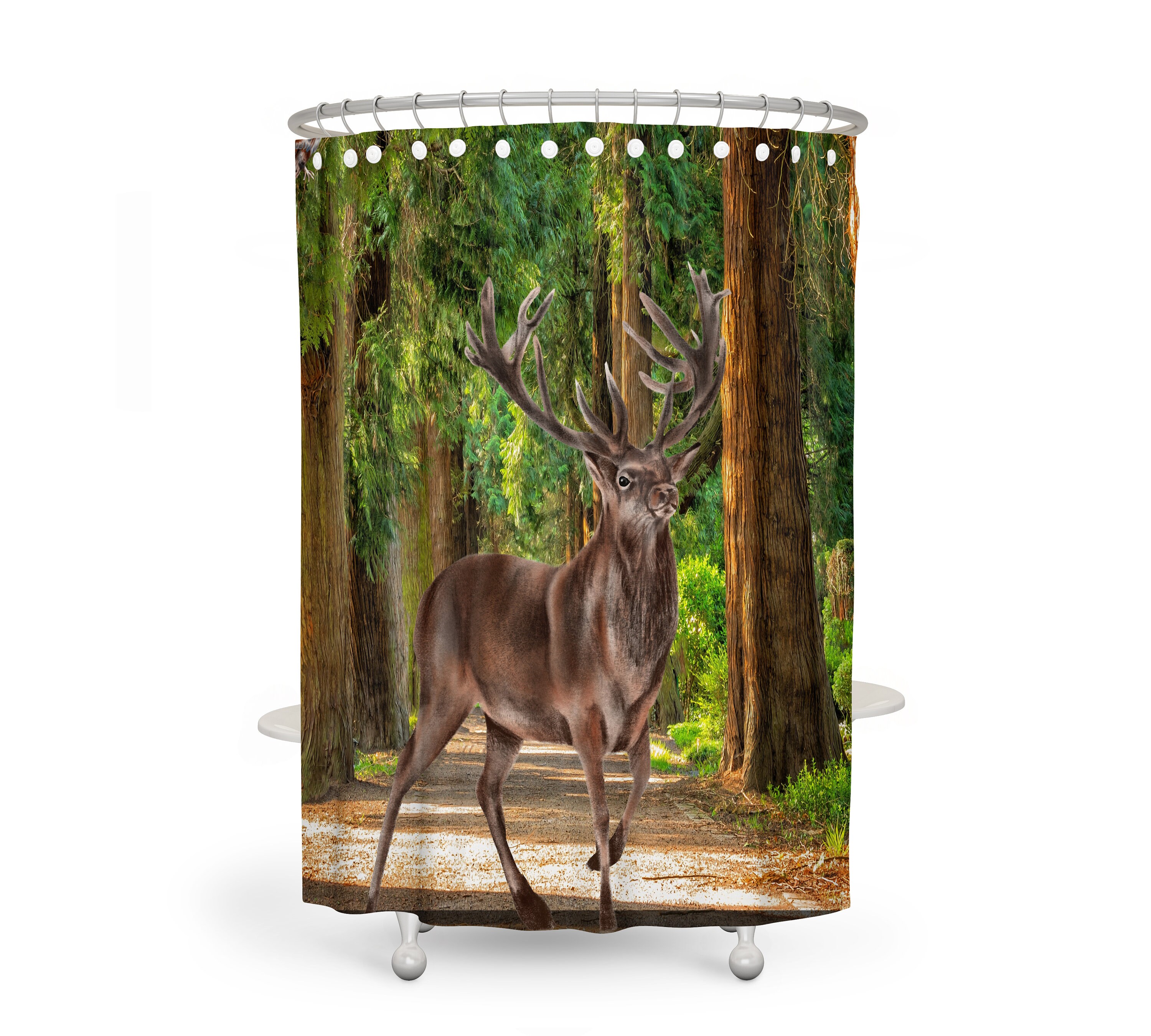 Woodland Deer Forest Shower Curtain Set with Lodge Cabin Bath Decor - Image 3