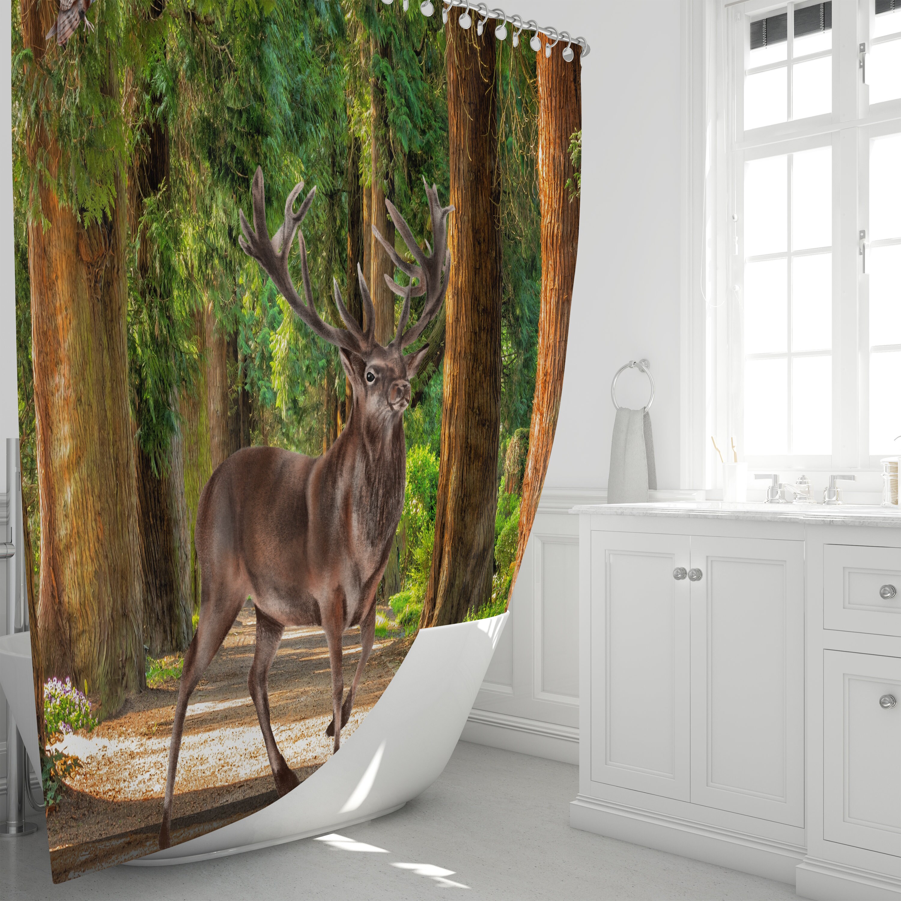 Woodland Deer Forest Shower Curtain Set with Lodge Cabin Bath Decor - Image 4