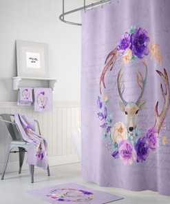 Woodland Deer and Lavender Floral Shower Curtain - Rustic Fabric Bath Curtain for Cozy Cabin Bathroom Decor