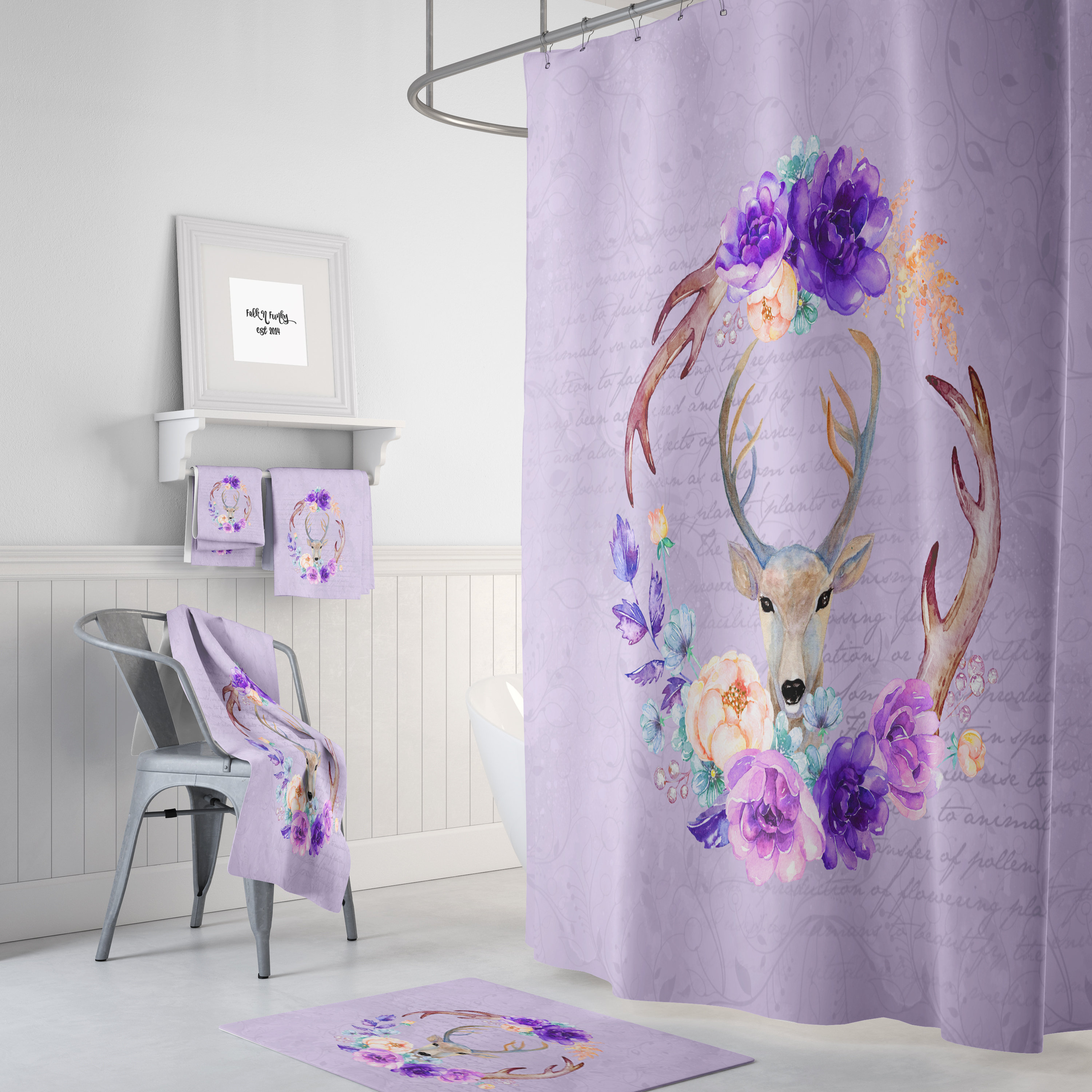 Woodland Deer and Lavender Floral Shower Curtain - Rustic Fabric Bath Curtain for Cozy Cabin Bathroom Decor