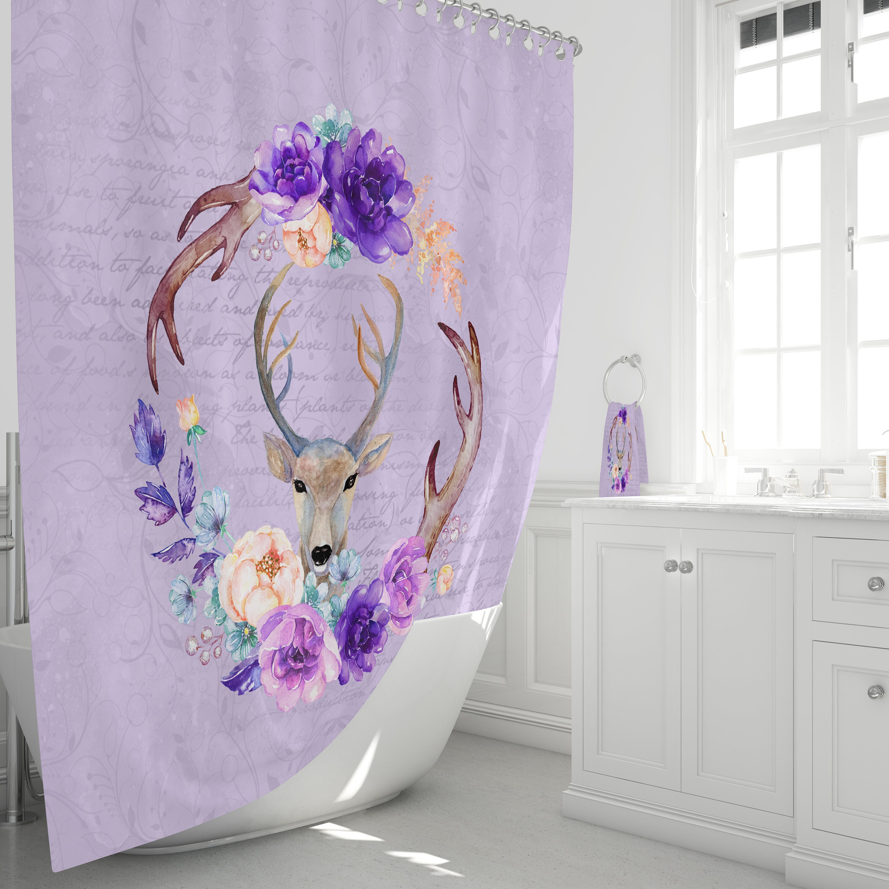 Woodland Deer and Lavender Floral Shower Curtain - Rustic Fabric Bath Curtain for Cozy Cabin Bathroom Decor - Image 2