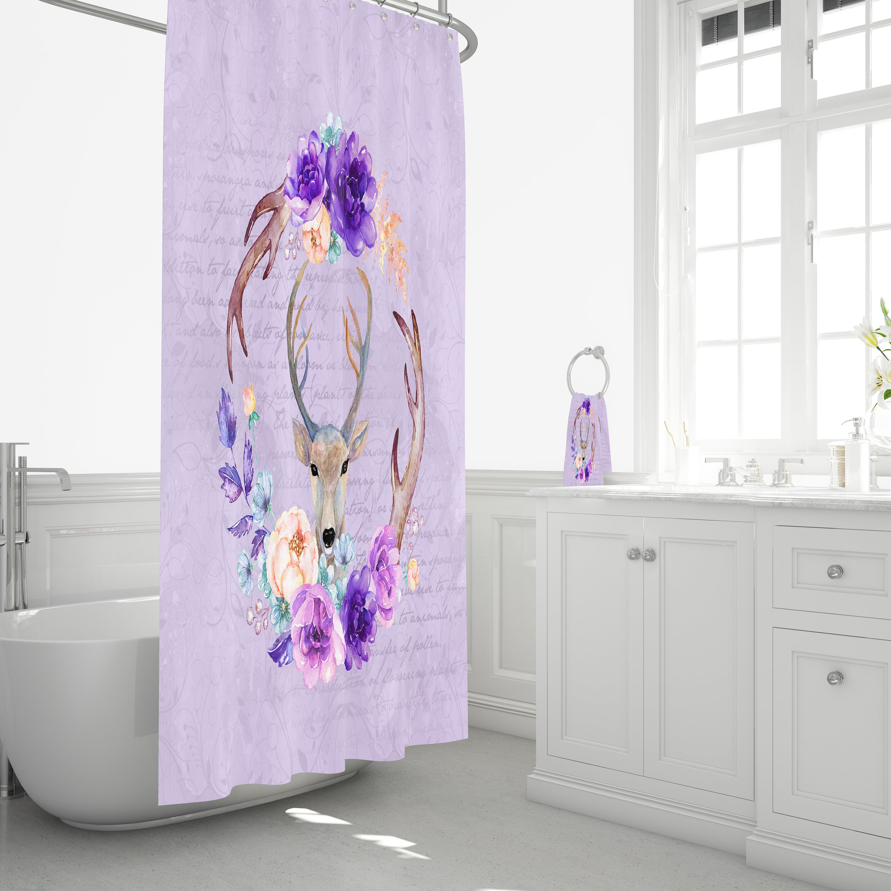 Woodland Deer and Lavender Floral Shower Curtain - Rustic Fabric Bath Curtain for Cozy Cabin Bathroom Decor - Image 3