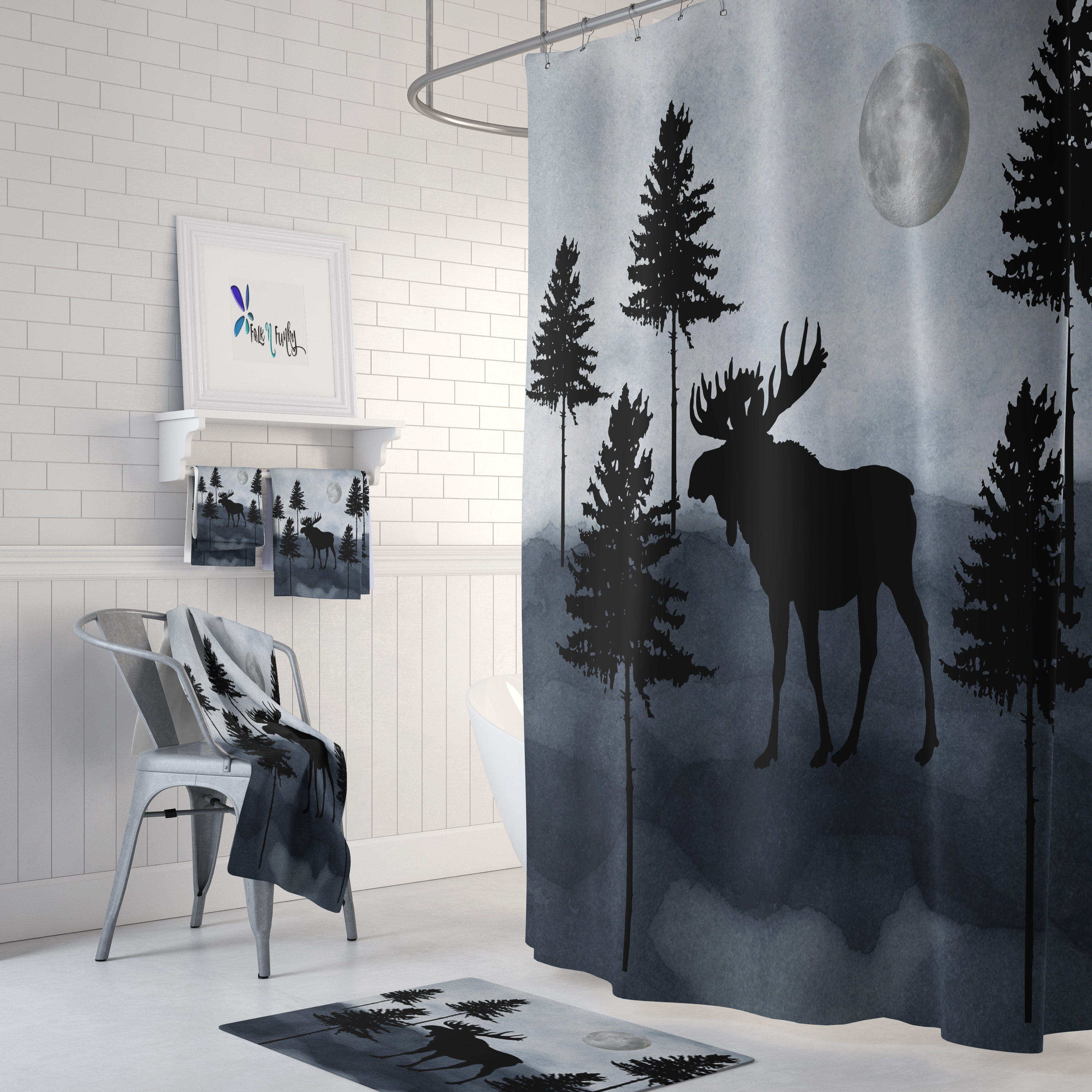 Woodland Moose Shower Curtain with Rustic Bath Set