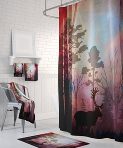 Woodland Moose Sunset Shower Curtain with Optional Matching Bath Mat and Towels for Natural and Cozy Bathroom Decor