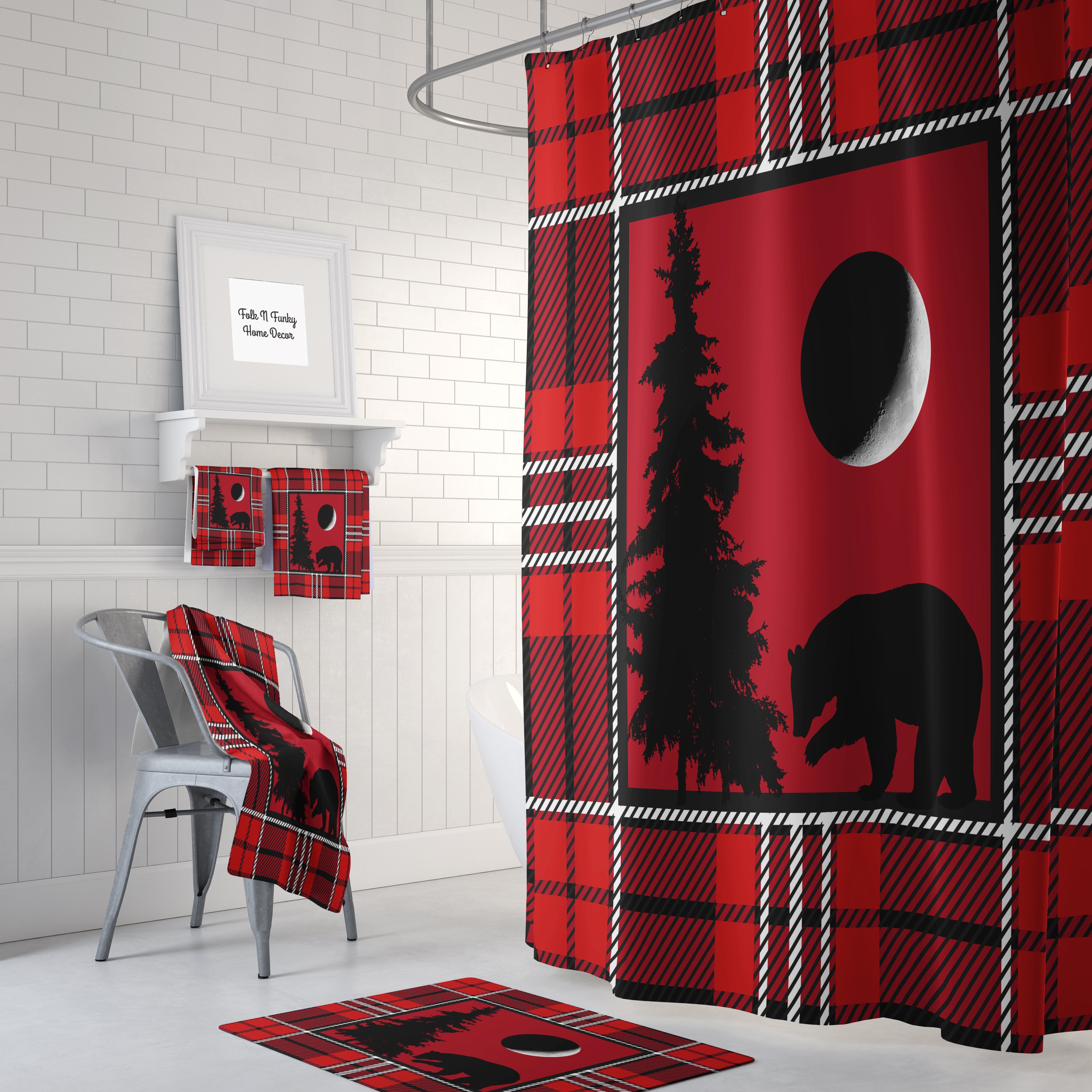 Woodland Red Plaid Shower Curtain Set with Optional Bathroom Accessories