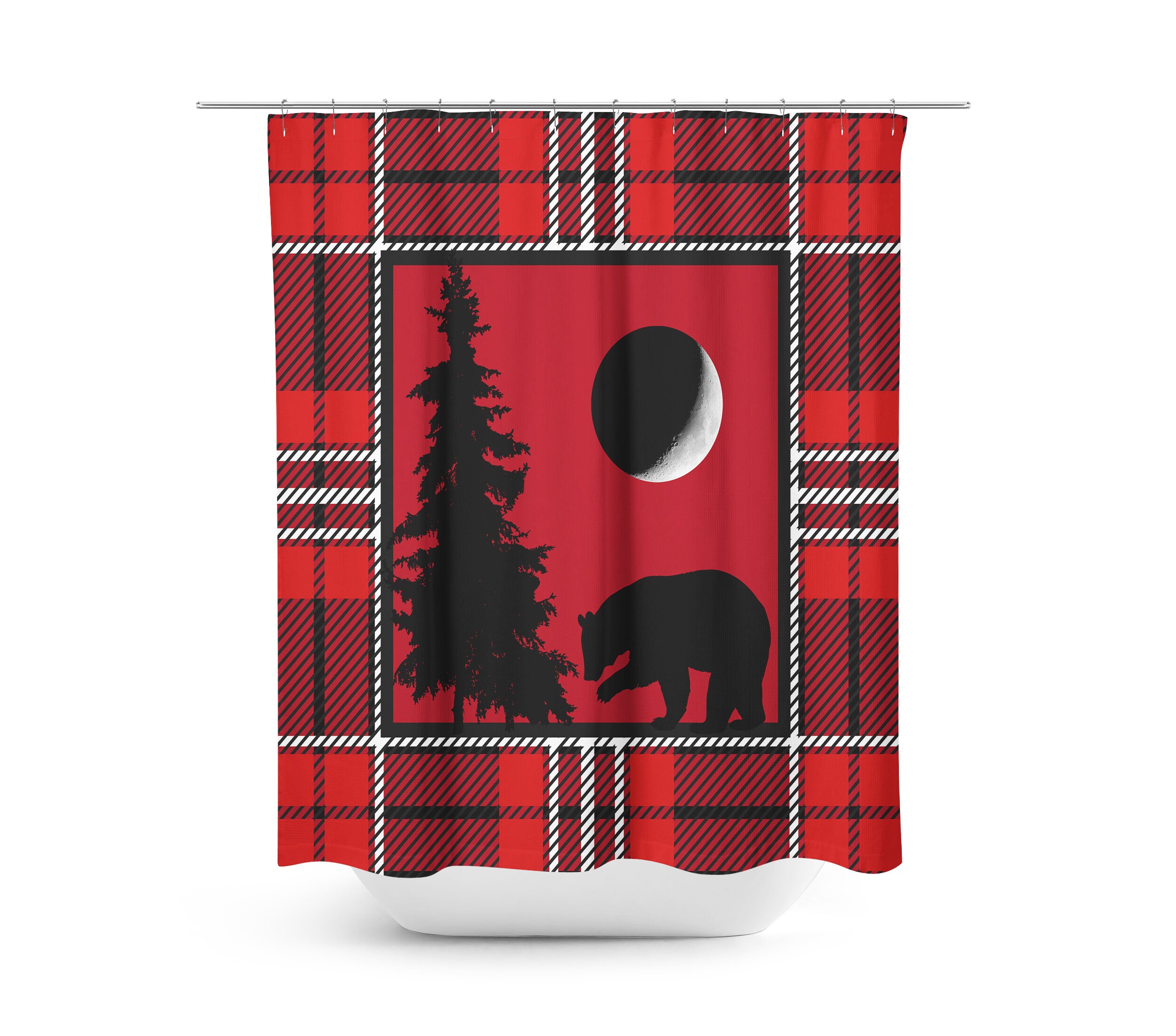 Woodland Red Plaid Shower Curtain Set with Optional Bathroom Accessories - Image 2