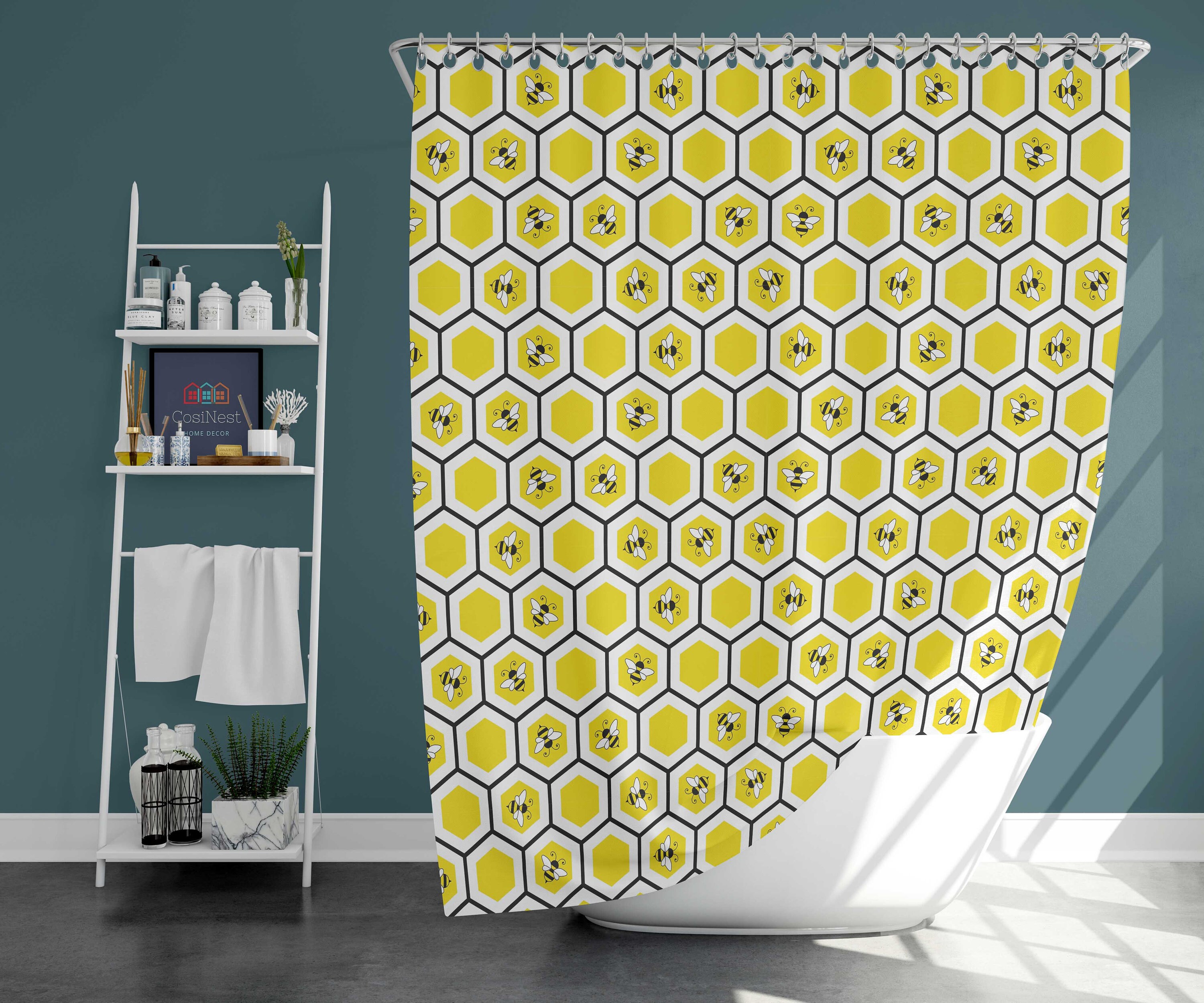 Yellow Bee Honeycomb Shower Curtain | Bees Beehive Fabric Bathroom Curtain and Mat | Farmhouse Bath Decor