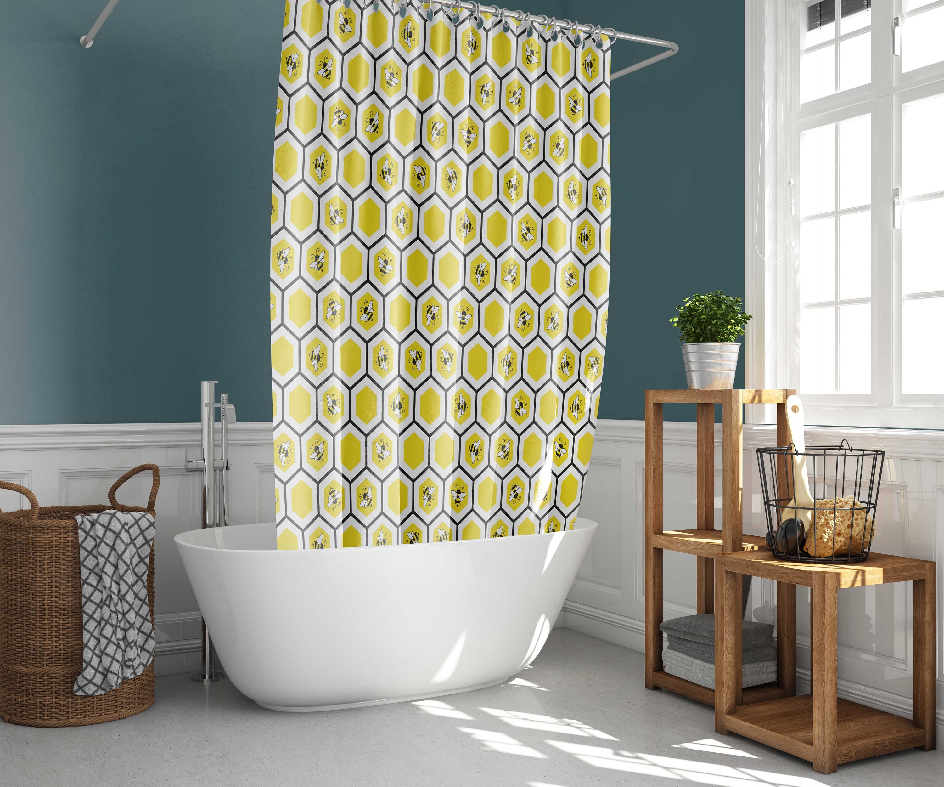 Yellow Bee Honeycomb Shower Curtain | Bees Beehive Fabric Bathroom Curtain and Mat | Farmhouse Bath Decor - Image 2