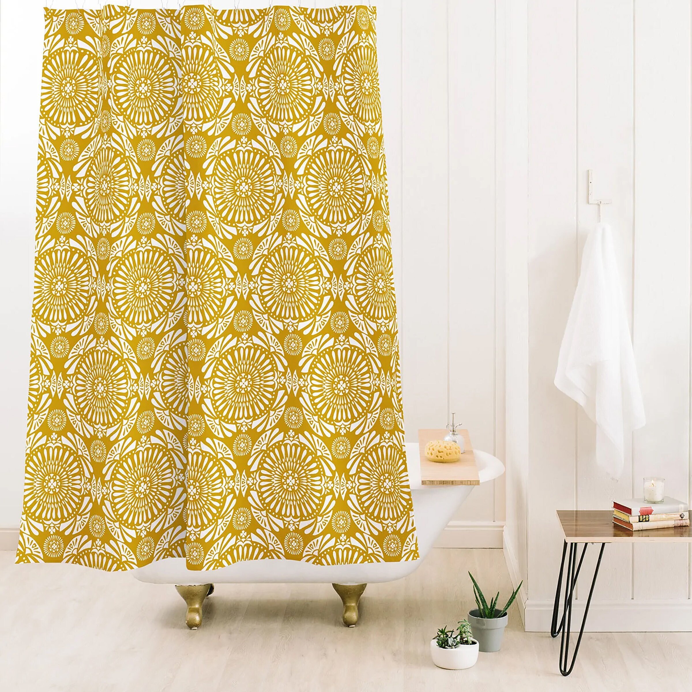 Yellow Boho Medallion Geometric Shower Curtain / Boho Bathroom Decor / Fabric Bath Curtain / Vintage-Inspired