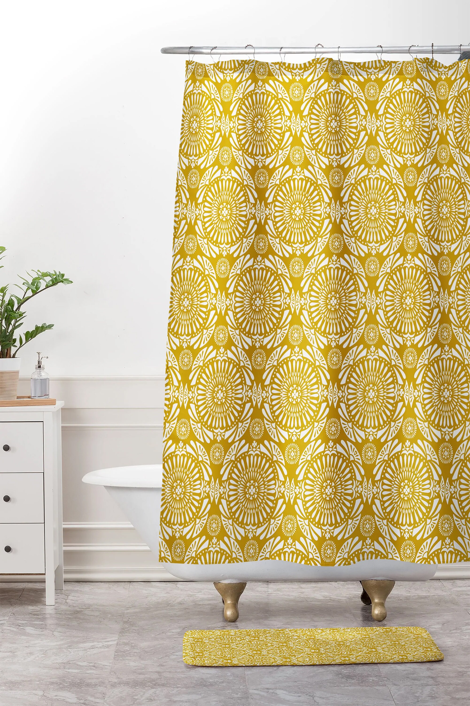 Yellow Boho Medallion Geometric Shower Curtain / Boho Bathroom Decor / Fabric Bath Curtain / Vintage-Inspired - Image 3