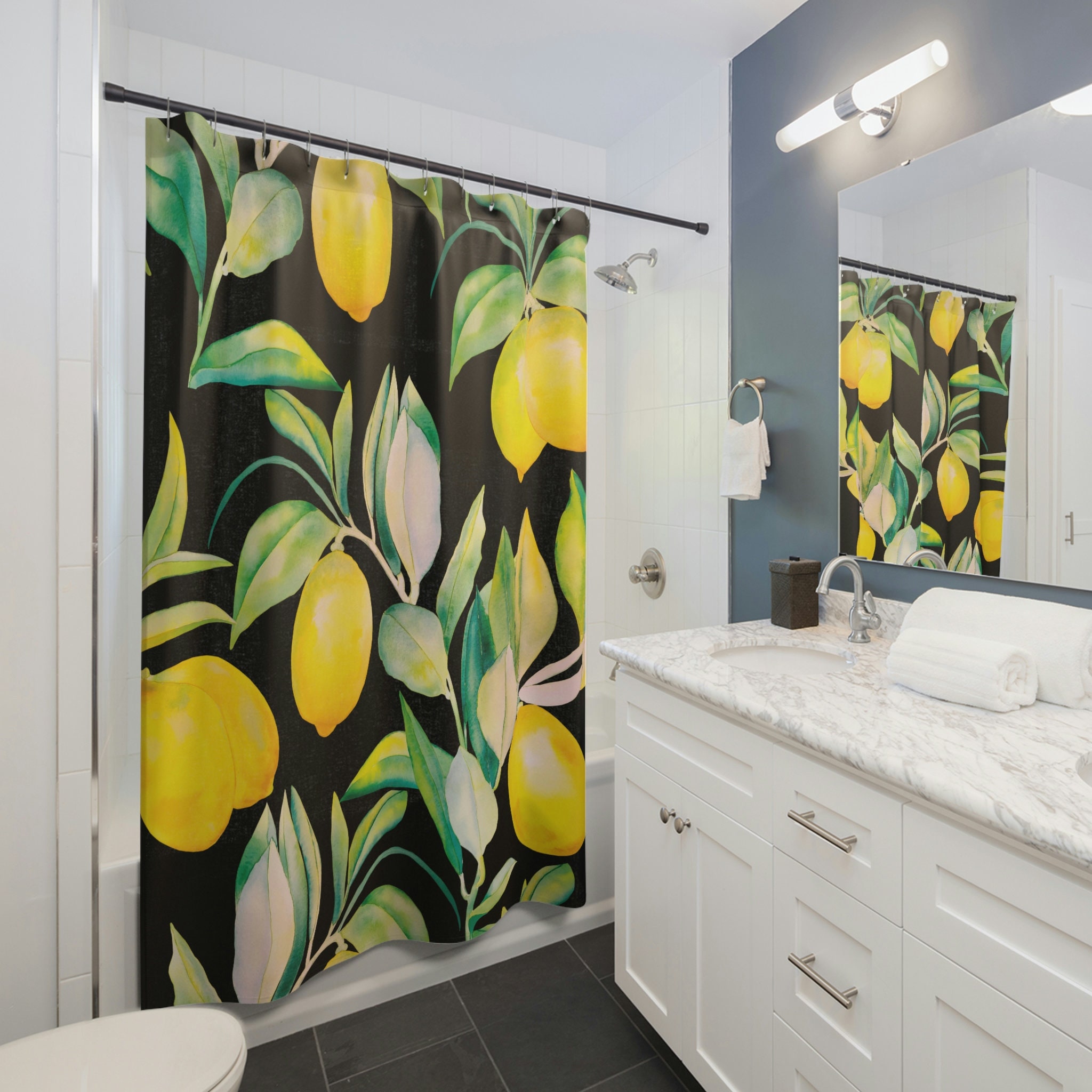 Yellow Citrus Shower Curtain | Lemons and Flowers Pattern | Floral Bathroom Decor | Gift for Home | Gift for Her