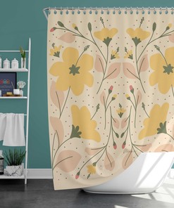 Yellow Floral Shower Curtain | Botanical Leaves | Fabric Bathroom Curtain | Home Bath Decor Accessories