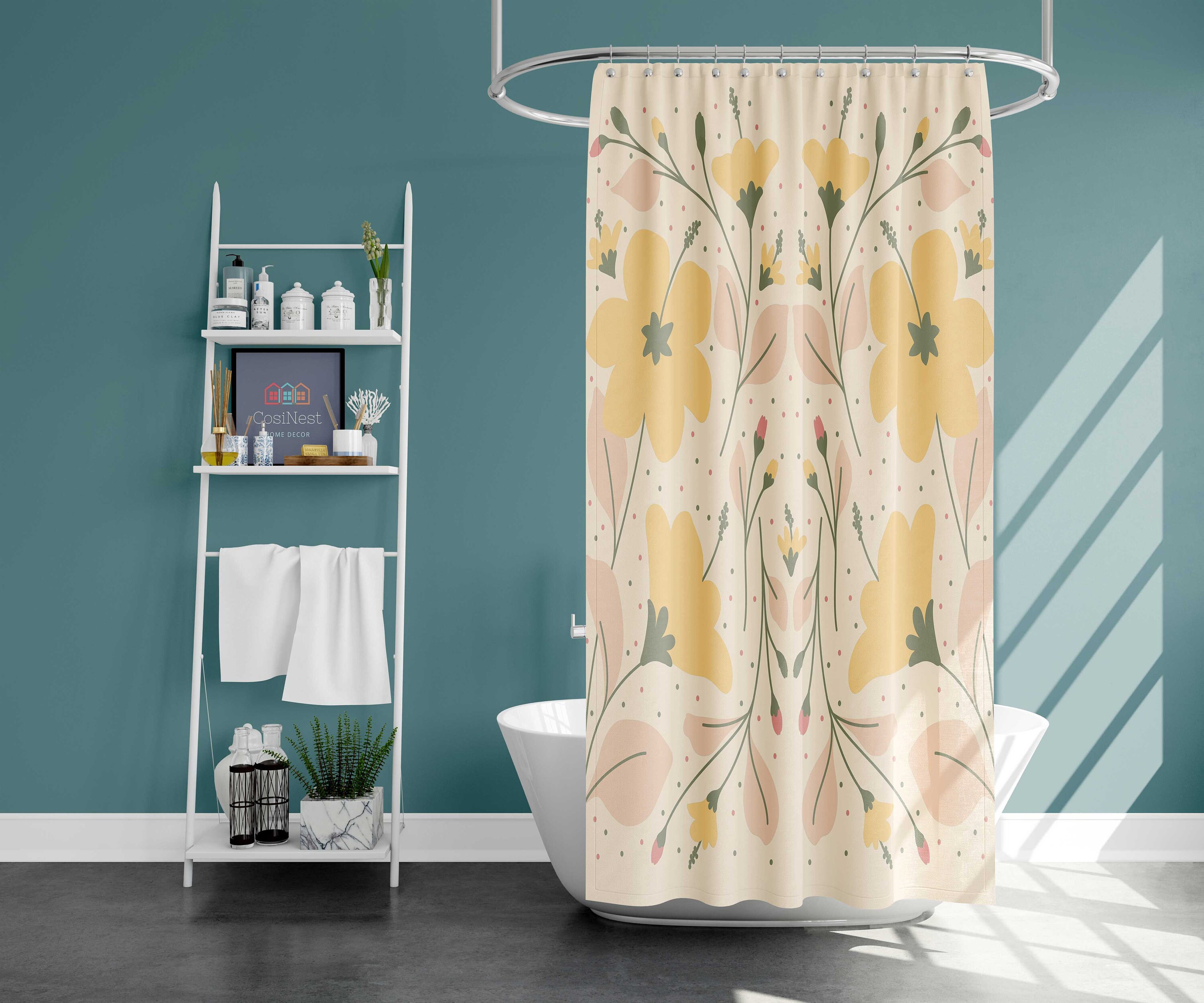 Yellow Floral Shower Curtain | Botanical Leaves | Fabric Bathroom Curtain | Home Bath Decor Accessories - Image 2