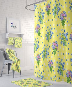 Yellow Floral Shower Curtain - Sunny Bath Curtain with Matching Mat and Towels for Bright Bathroom Decor