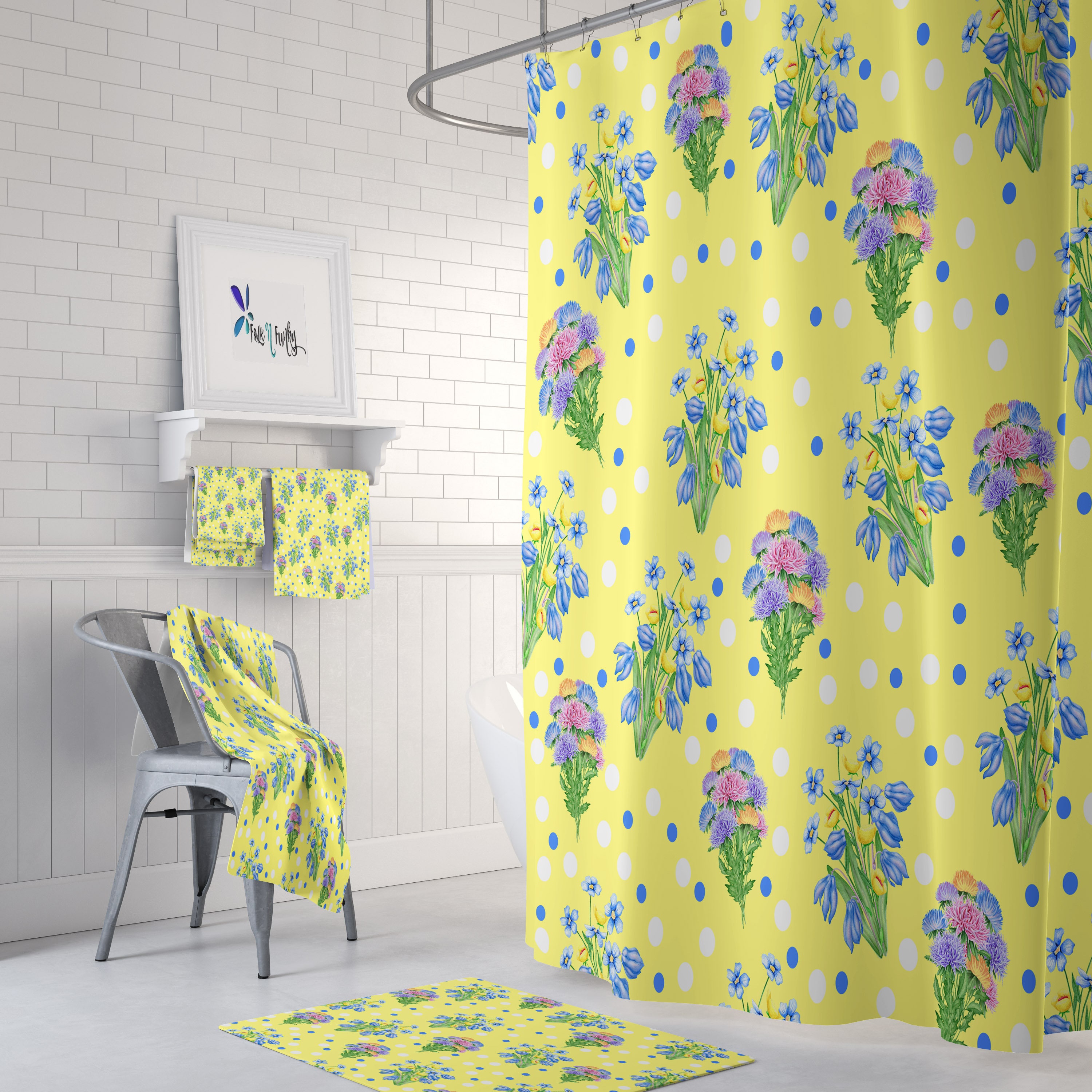 Yellow Floral Shower Curtain - Sunny Bath Curtain with Matching Mat and Towels for Bright Bathroom Decor