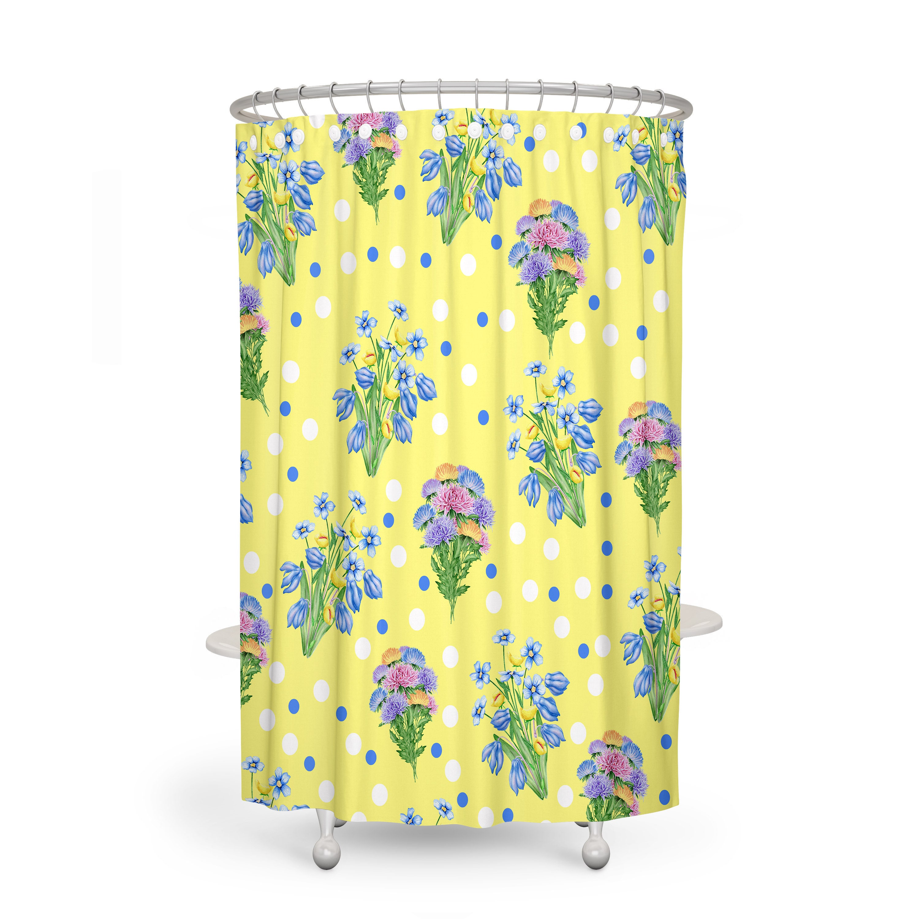Yellow Floral Shower Curtain - Sunny Bath Curtain with Matching Mat and Towels for Bright Bathroom Decor - Image 2