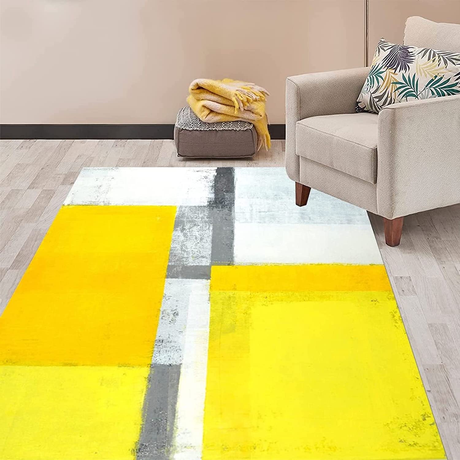 Yellow Grey Area Rug - A Chic Modern Abstract Indoor Rug Non-Slip Machine Washable Low Pile for Living Room - Image 2