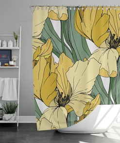 Yellow Iris Shower Curtain | Botanical Floral Green Leaves | Fabric Bathroom Curtain